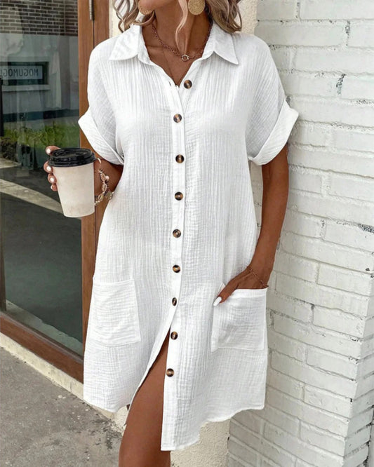 Astrid Dames Midi Jurk | Doorknoop Design | Opstaande Kraag