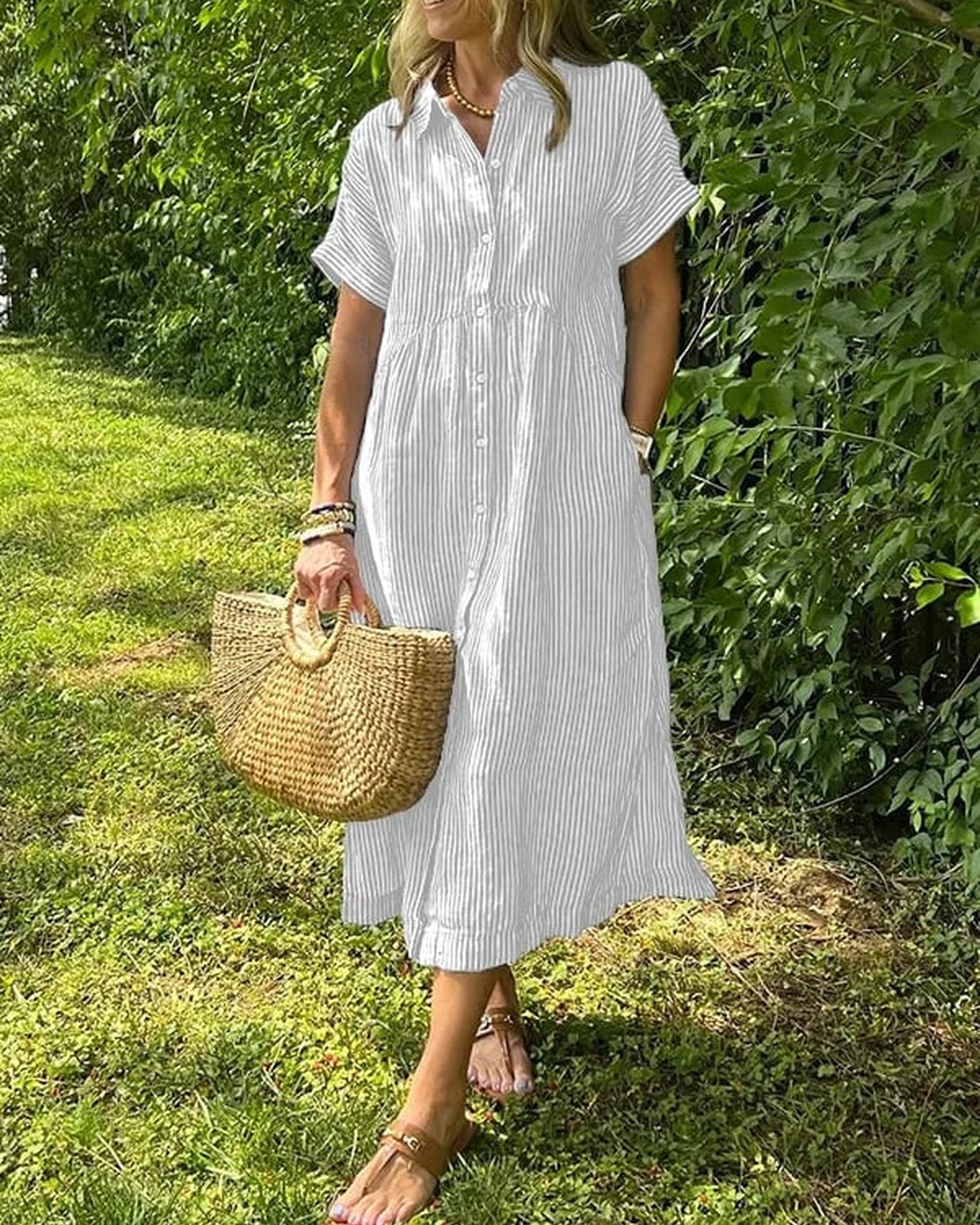 Annemie Dames Maxi Jurk | Streep & Knoopsluiting | Korte Mouwen