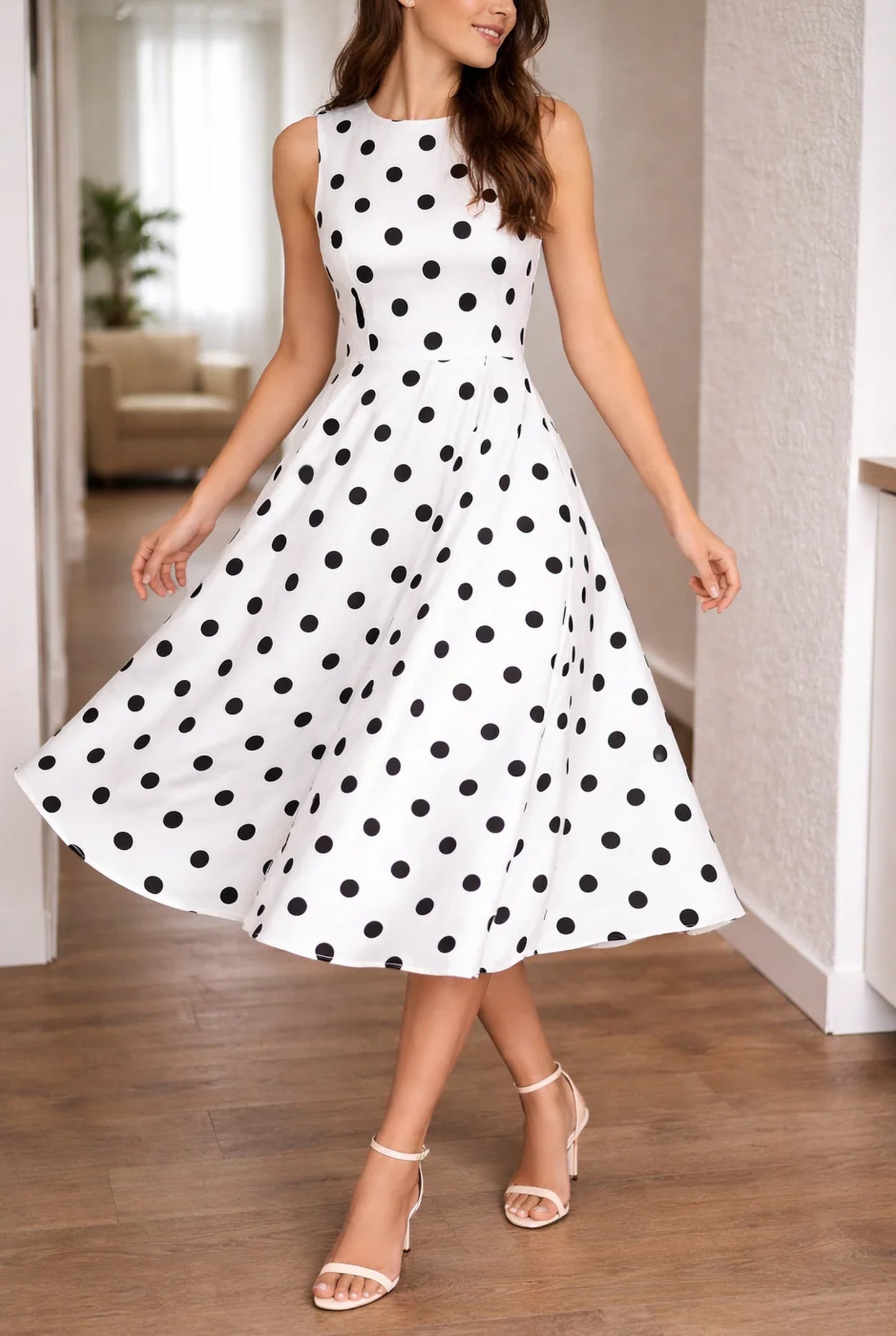 Humbertine Dames Midi Jurk | Polkadot Print | Wijd Uitlopende Rok