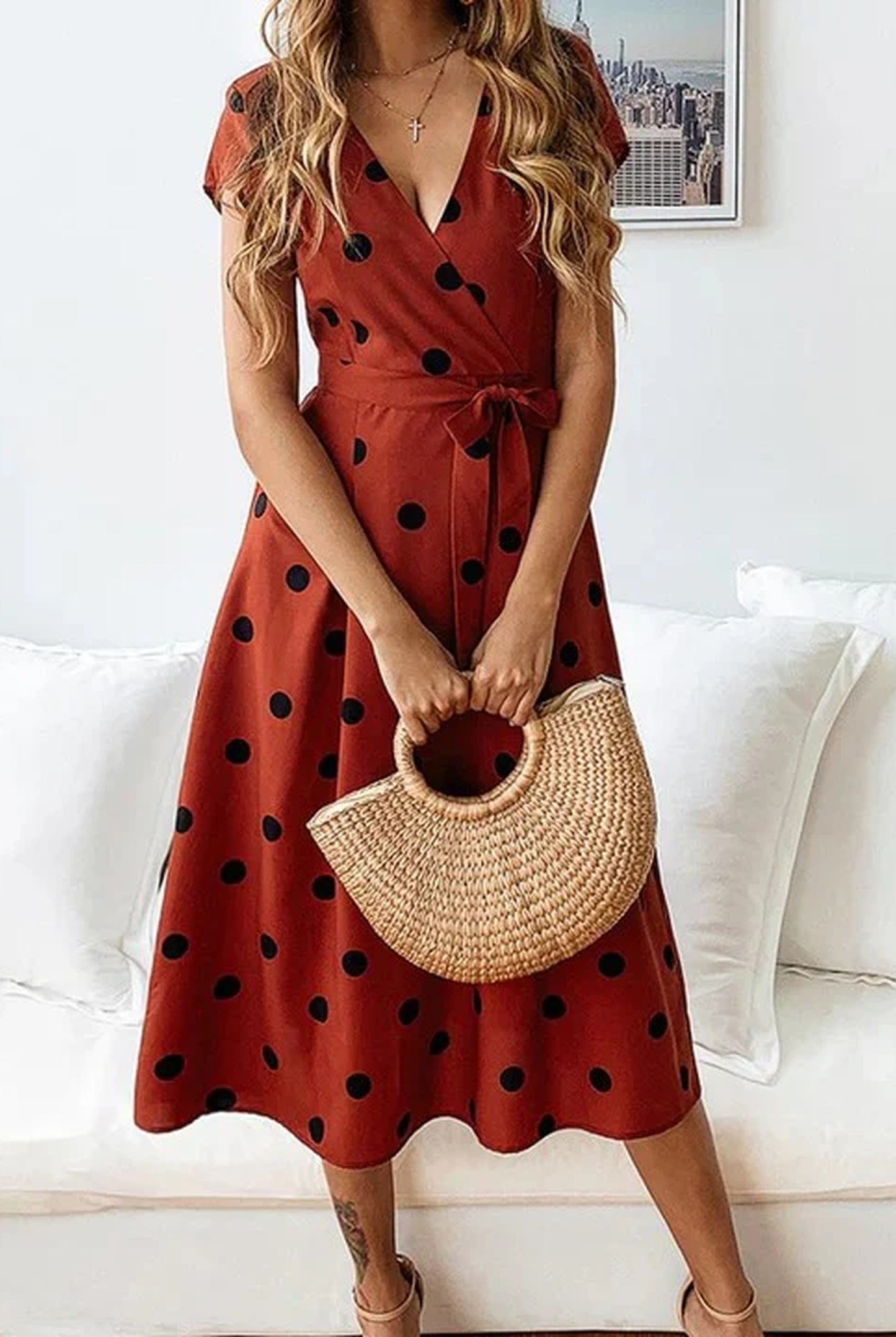 Fernandine Dames Midi Jurk | V-Hals | Polkadot