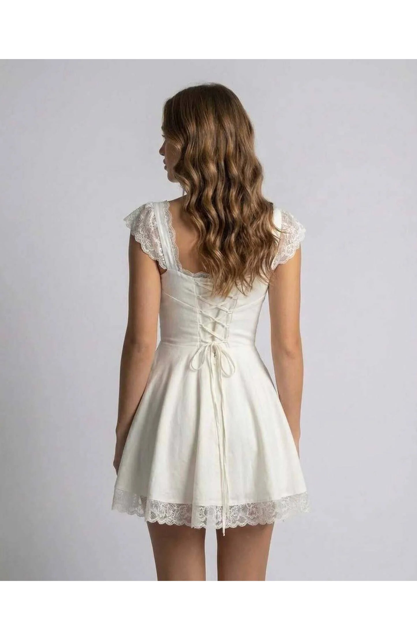 Women's Mini Dress | Lace Shoulder Straps | Pleated Bodice