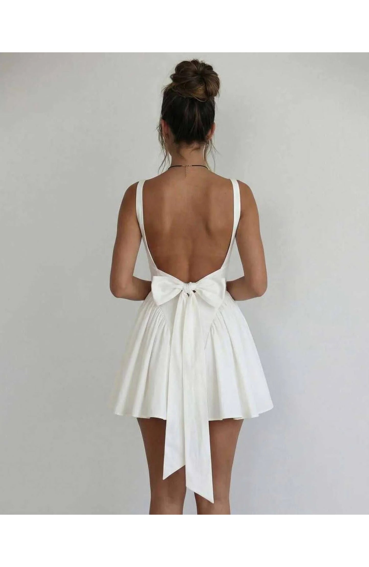 Women's Mini Dress White | Square Neck & Open Back | A-Line Skirt with Bow Detail
