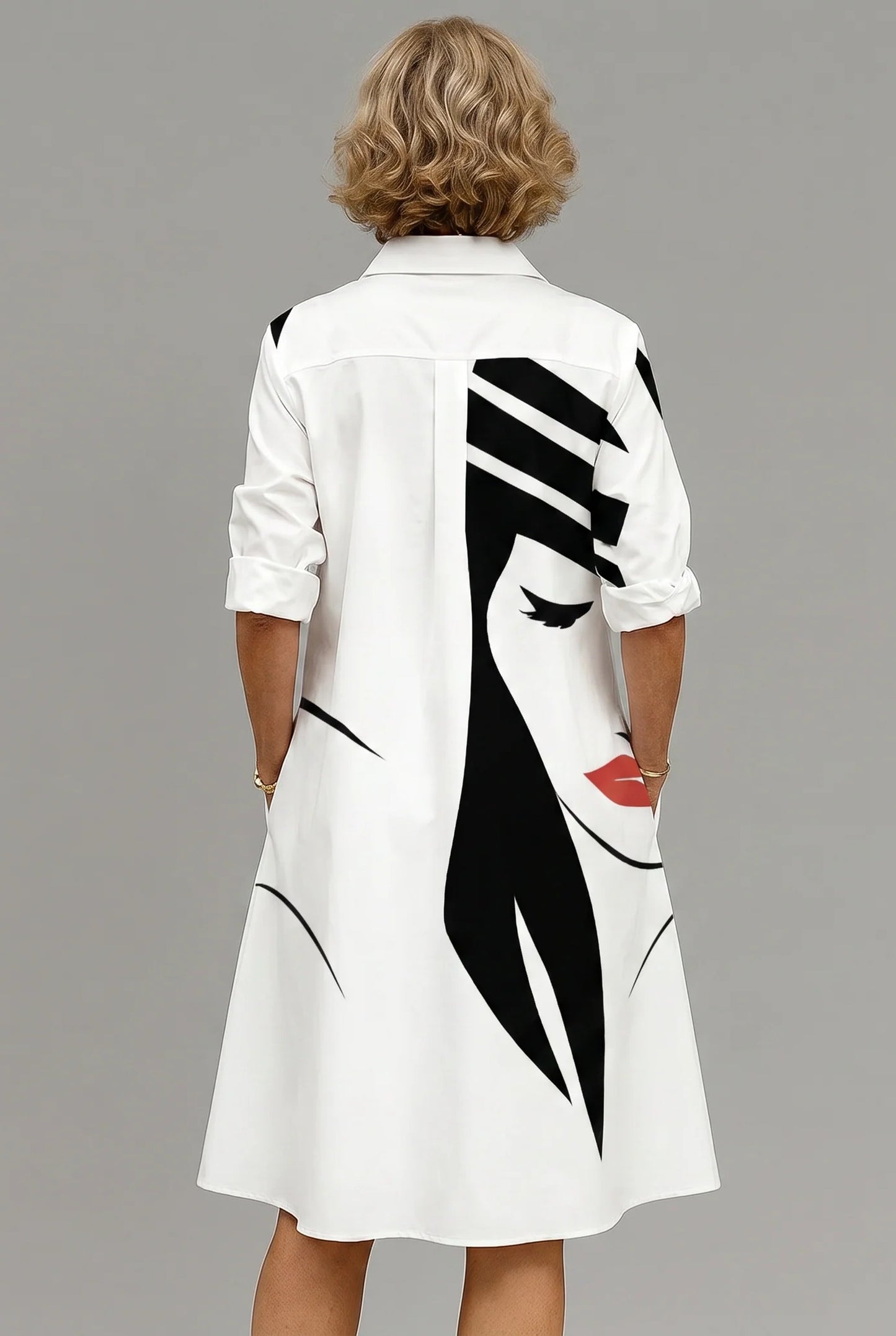 Ysabelle Dames Midi Jurk | Abstract Gezichtsprint | Overhemdkraag