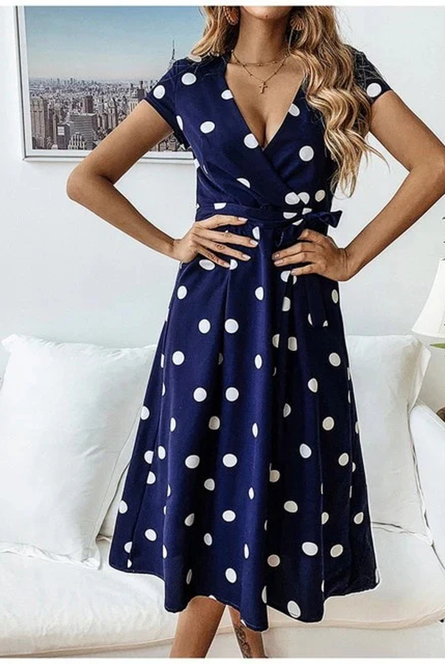 Fernandine Dames Midi Jurk | V-Hals | Polkadot