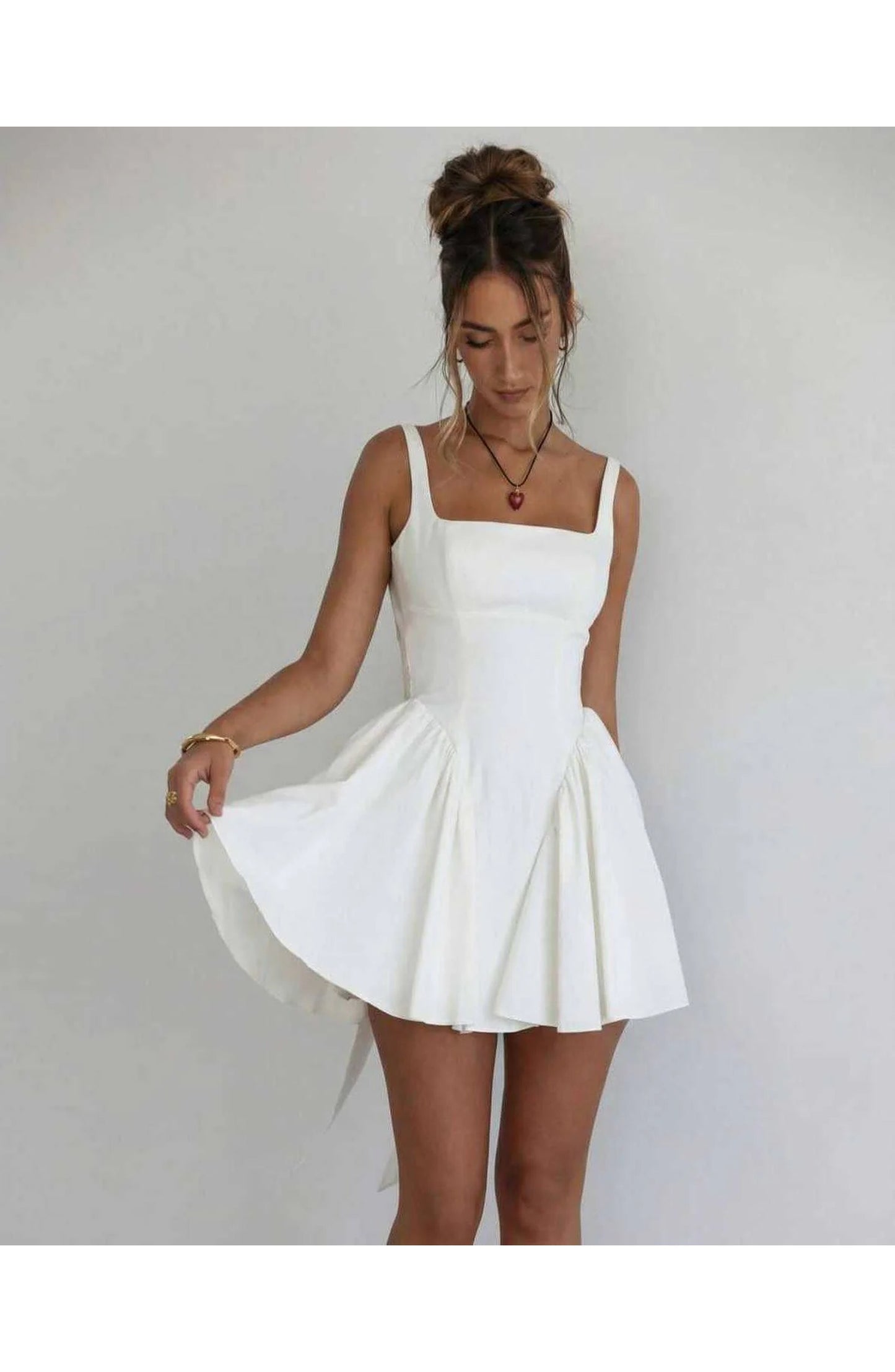 Women's Mini Dress White | Square Neck & Open Back | A-Line Skirt with Bow Detail
