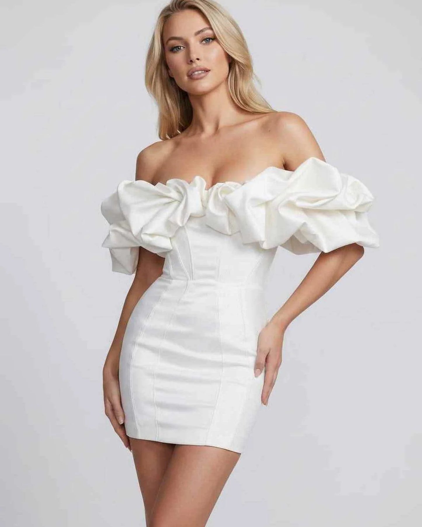 Lyse Dames Mini Jurk | Off-Shoulder Pofmouwen | Strakke Bodycon Pasvorm