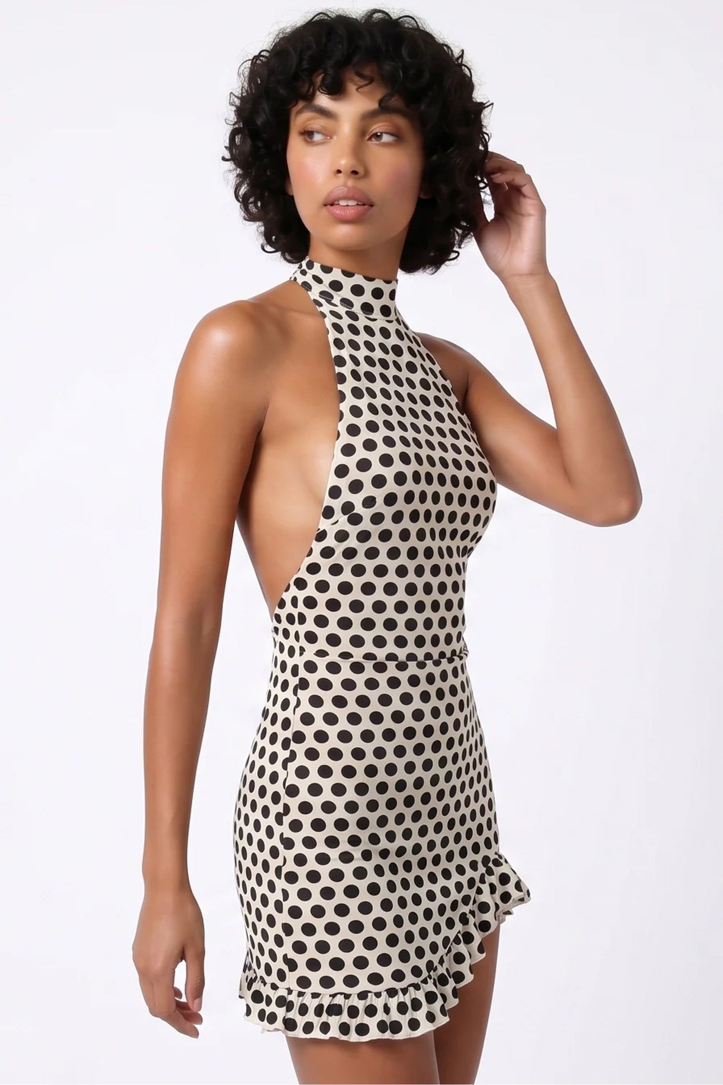 Dames Halterneck Mini Jurk | Stippenprint | Ruches Detail
