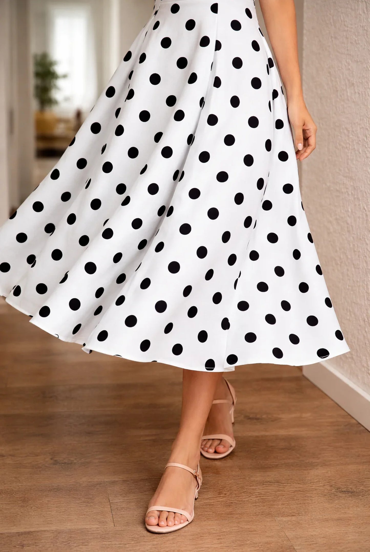 Humbertine Dames Midi Jurk | Polkadot Print | Wijd Uitlopende Rok