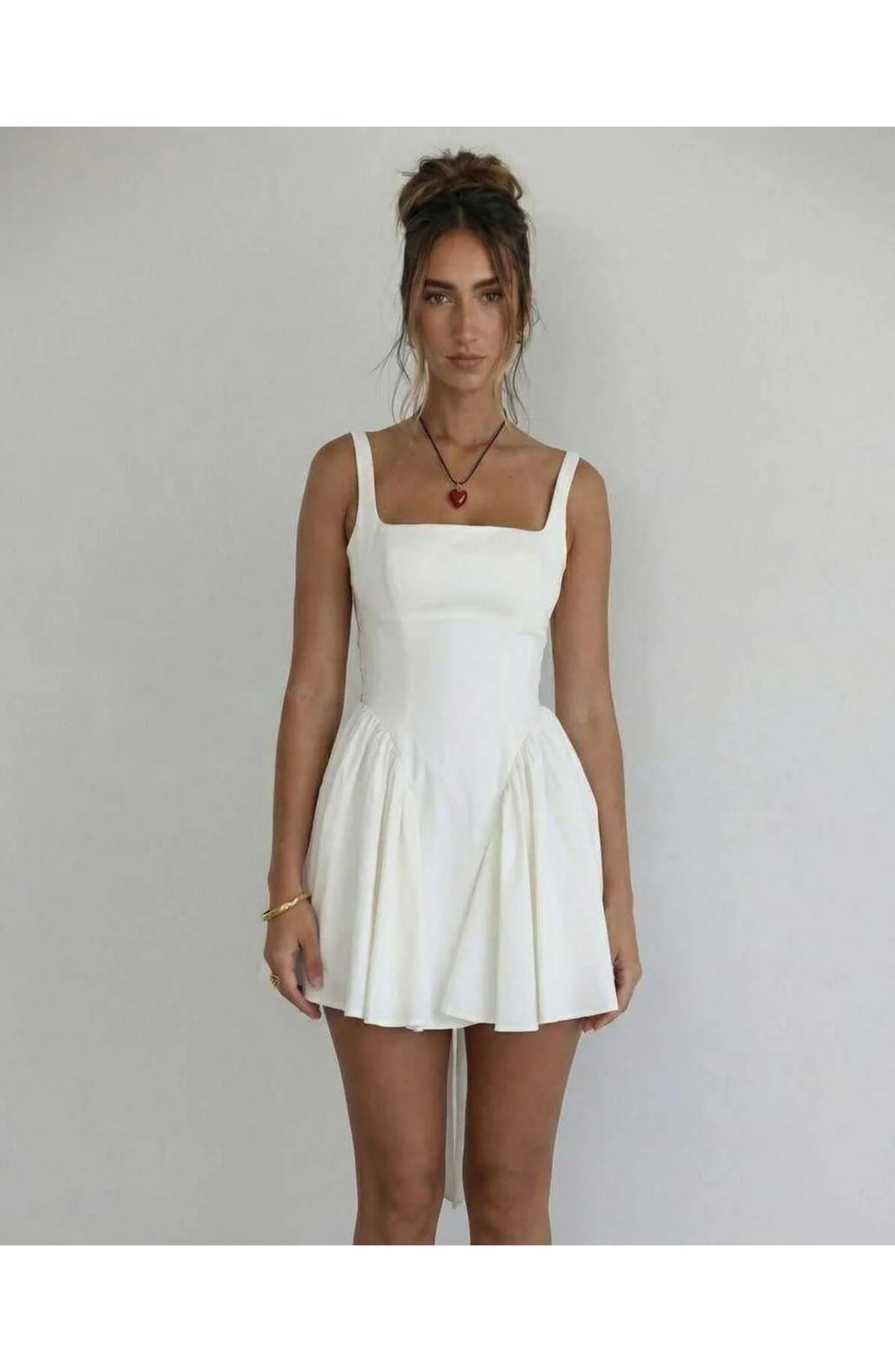 Women's Mini Dress White | Square Neck & Open Back | A-Line Skirt with Bow Detail