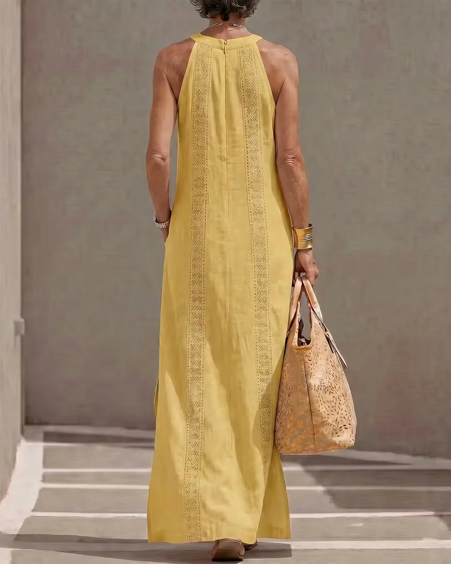 Soline-Cléopâtre Dames Midi Jurk | Halternek | Kantdetail