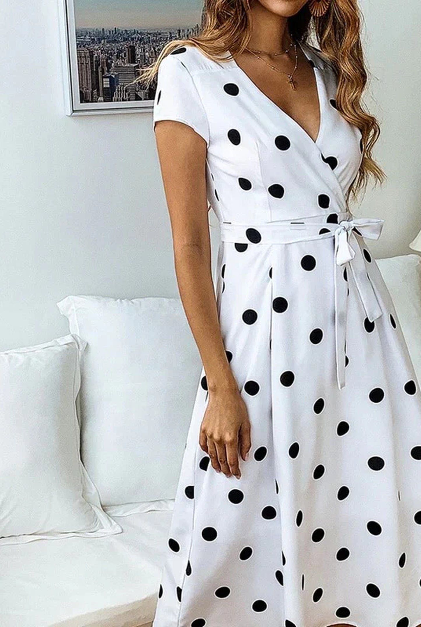 Fernandine Dames Midi Jurk | V-Hals | Polkadot