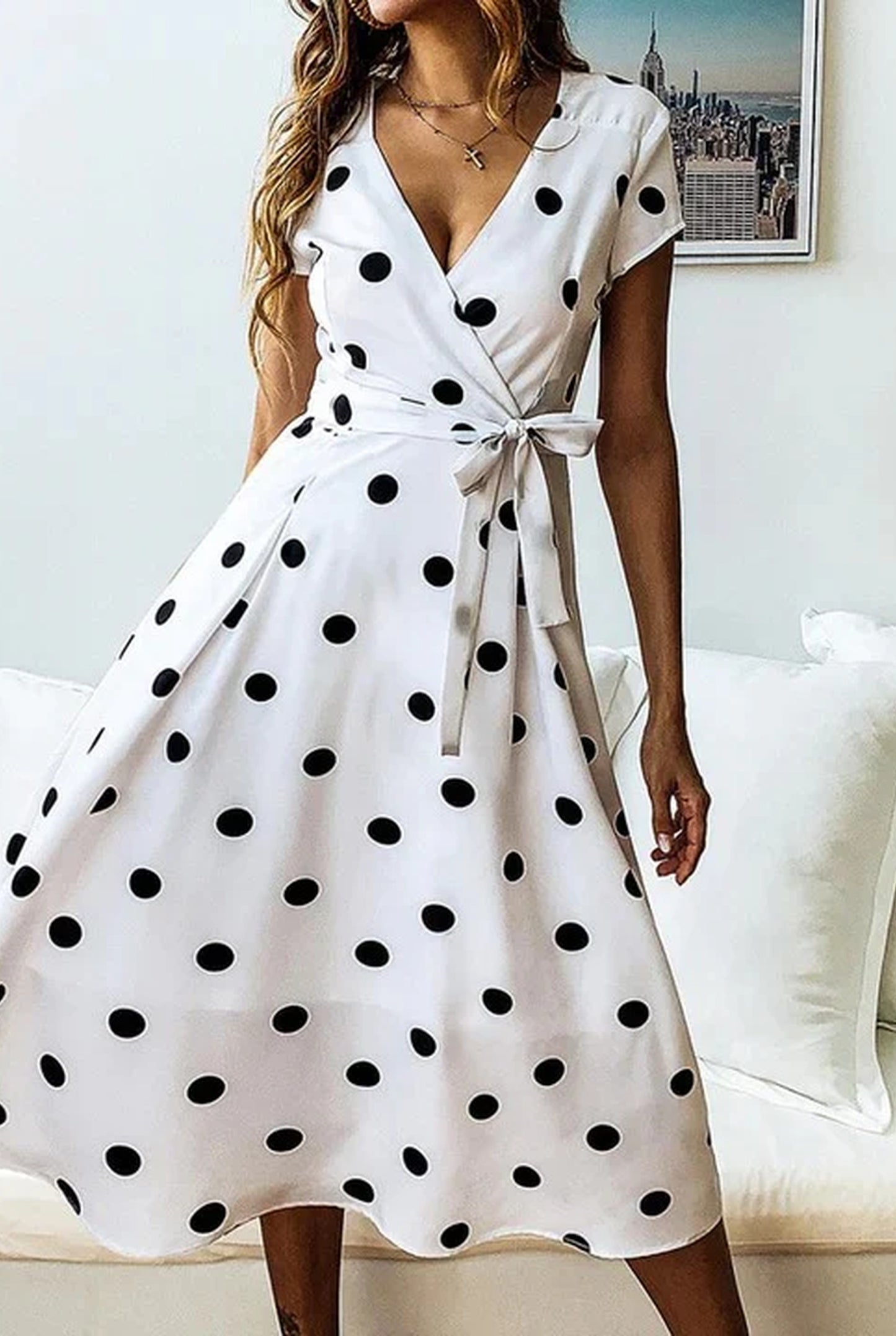 Fernandine Dames Midi Jurk | V-Hals | Polkadot