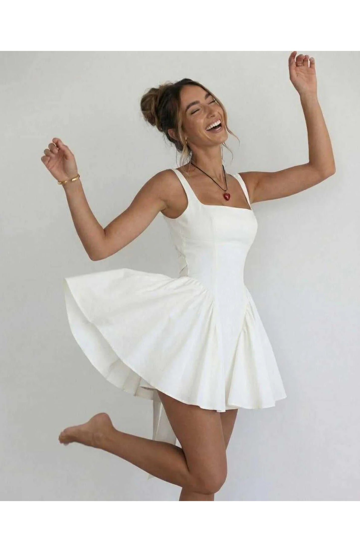 Women's Mini Dress White | Square Neck & Open Back | A-Line Skirt with Bow Detail