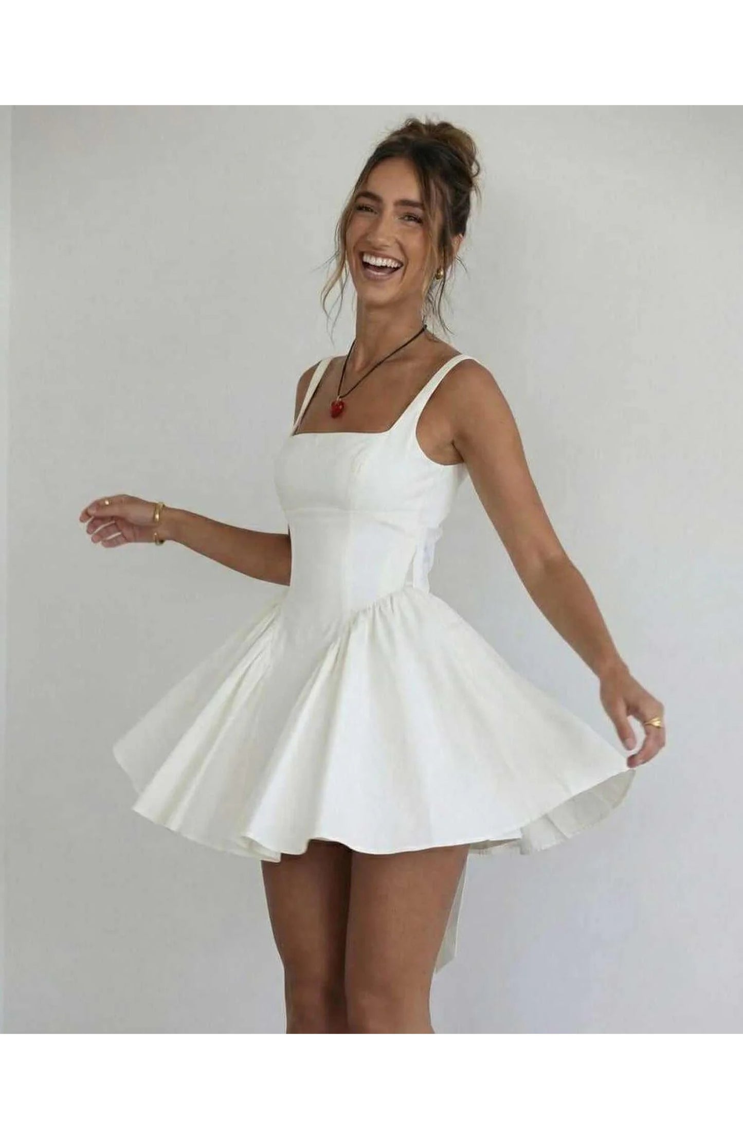 Women's Mini Dress White | Square Neck & Open Back | A-Line Skirt with Bow Detail