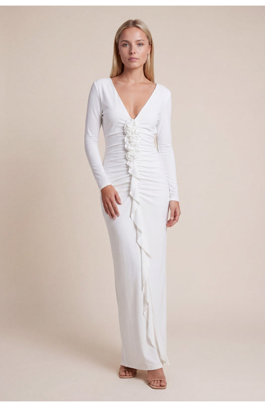 Women's Maxi Dress | Deep V-Neck | Decorative Button Detail