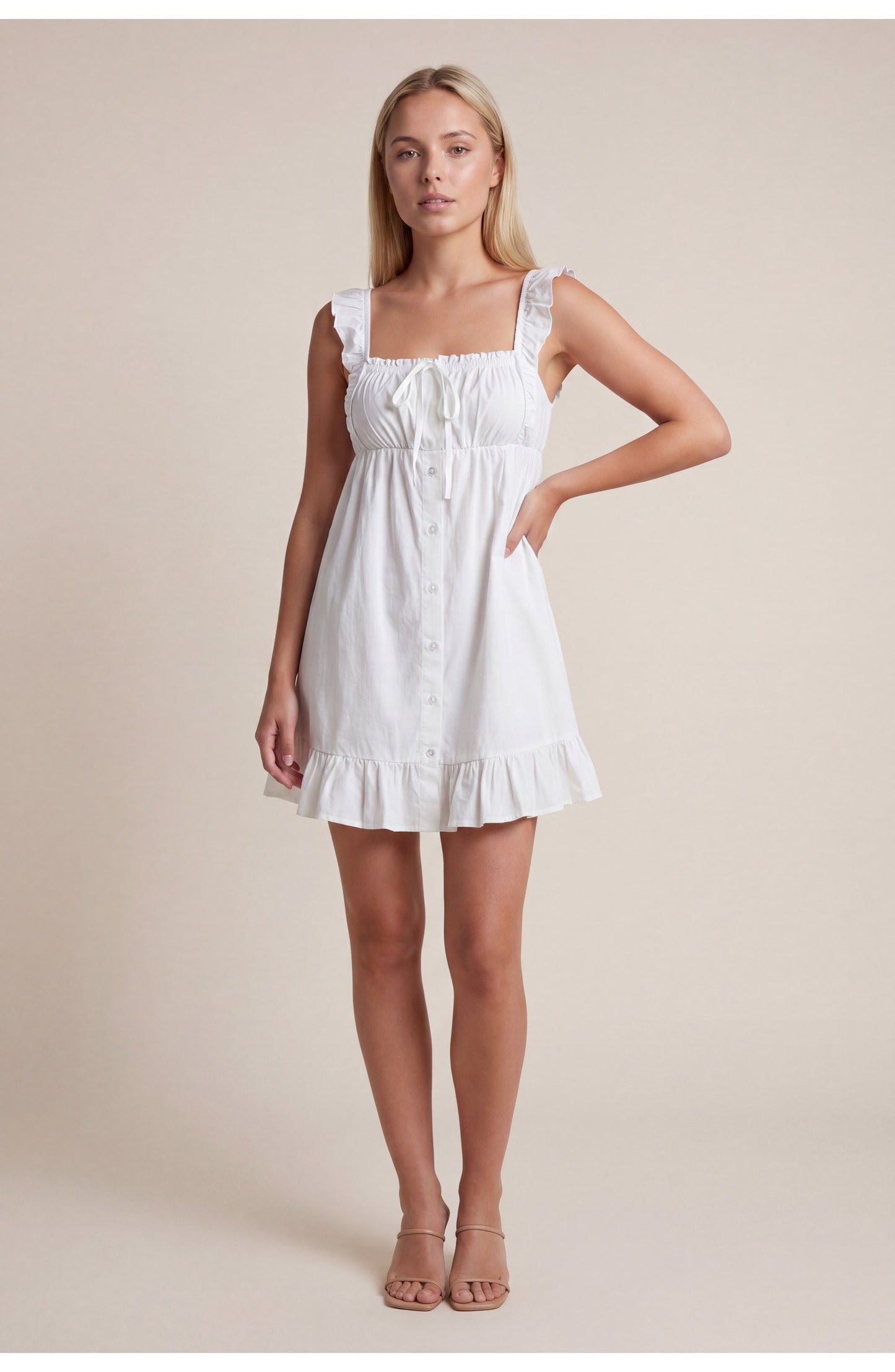 Dames Mini Jurk | Vierkante Hals | Ruffle Zoom
