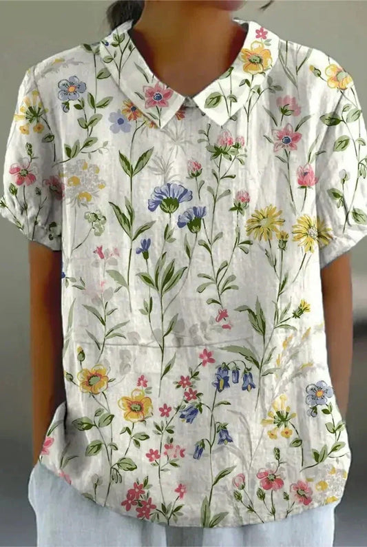 Clarinde Dames T-shirt | Geborduurde Bloemen | Korte Kraag