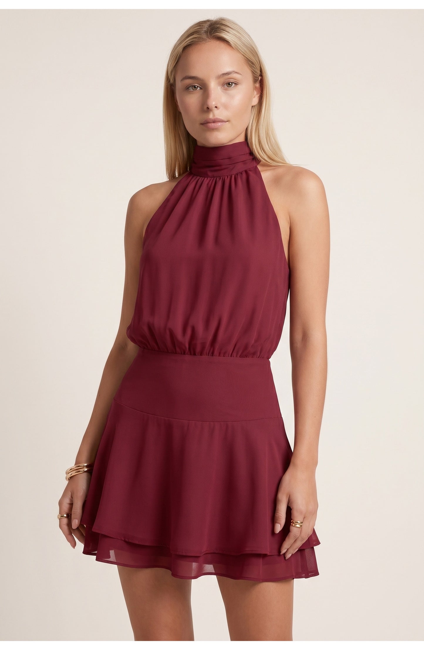 Yvette Dames Mini Jurk | Halternek | Gelaagde Rok