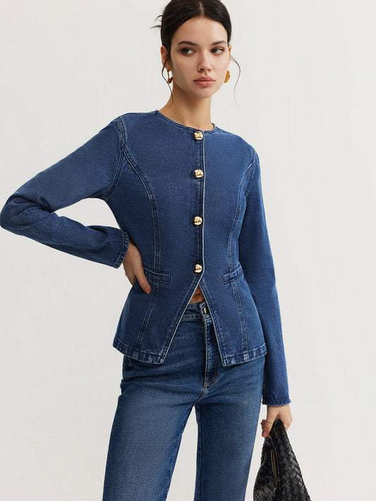 Zina Dames Jasje | Slim Fit | Kraagloos | Goudkleurige Knoopsluiting 0