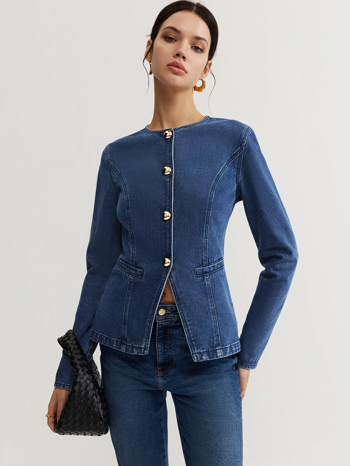 Zina Dames Jasje | Slim Fit | Kraagloos | Goudkleurige Knoopsluiting 1