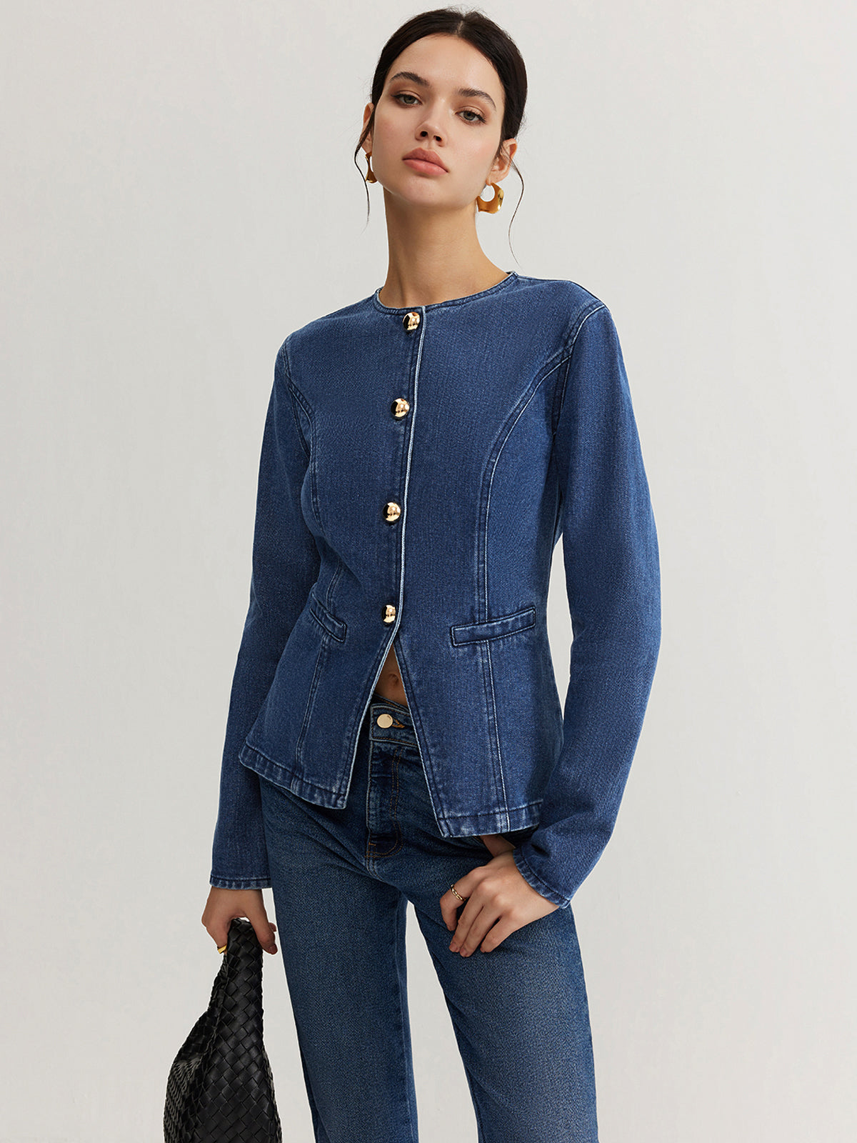 Zina Dames Jasje | Slim Fit | Kraagloos | Goudkleurige Knoopsluiting 2