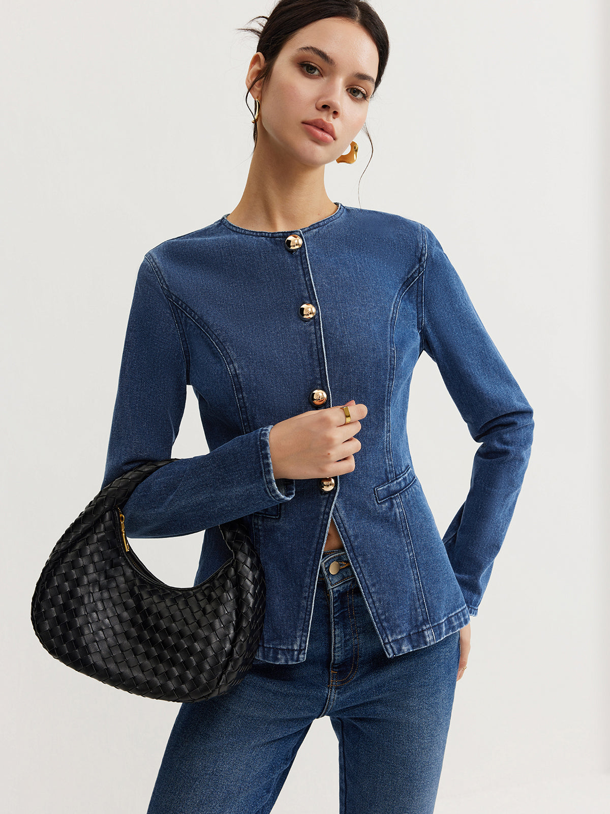 Zina Dames Jasje | Slim Fit | Kraagloos | Goudkleurige Knoopsluiting 3