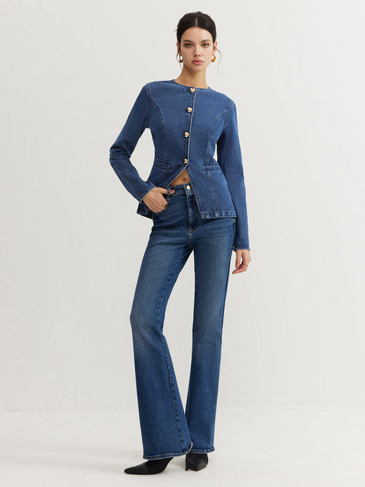 Zina Dames Jasje | Slim Fit | Kraagloos | Goudkleurige Knoopsluiting 5