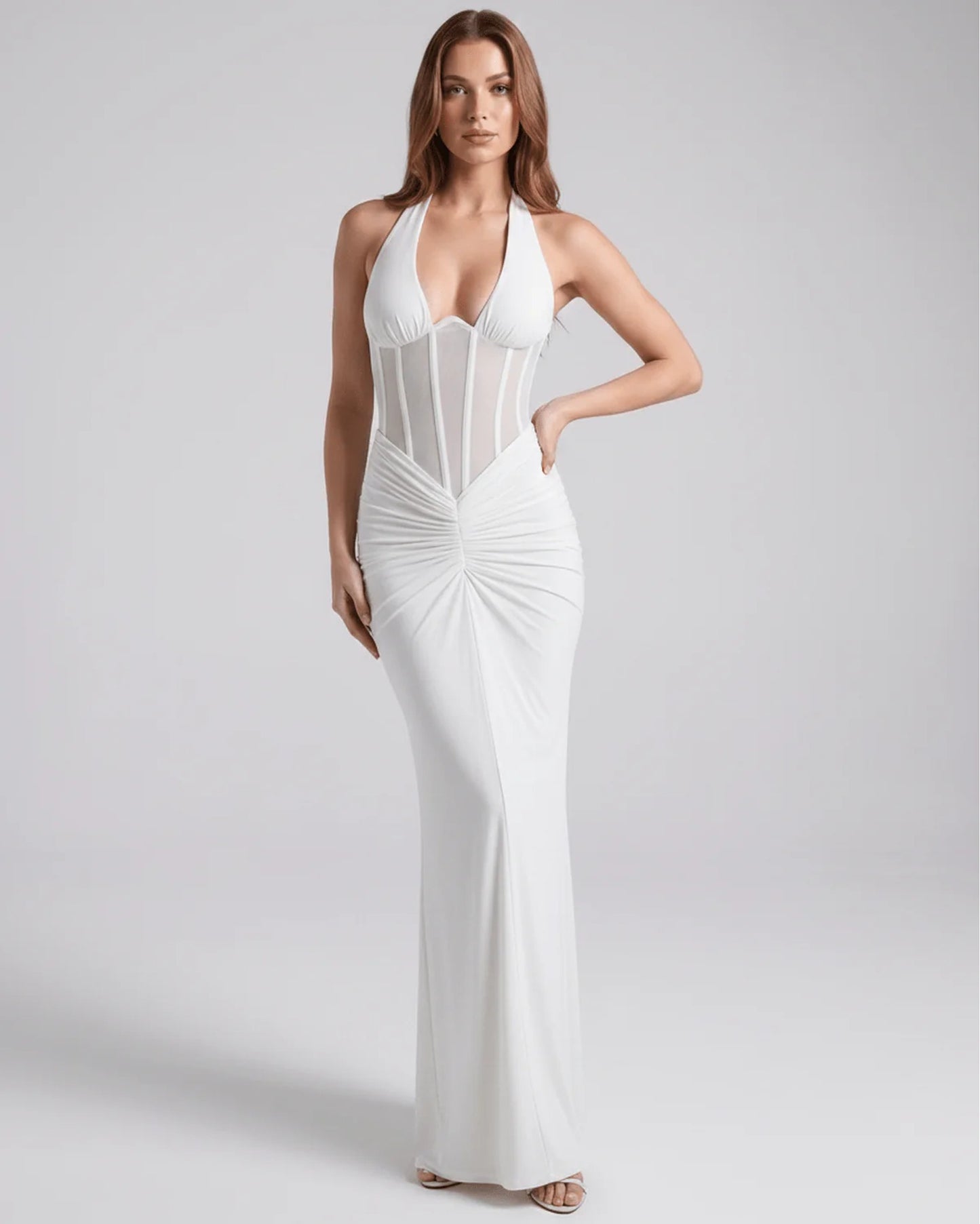 Maude Women's Maxi Dress | Mesh Center Panel | Pleated Front