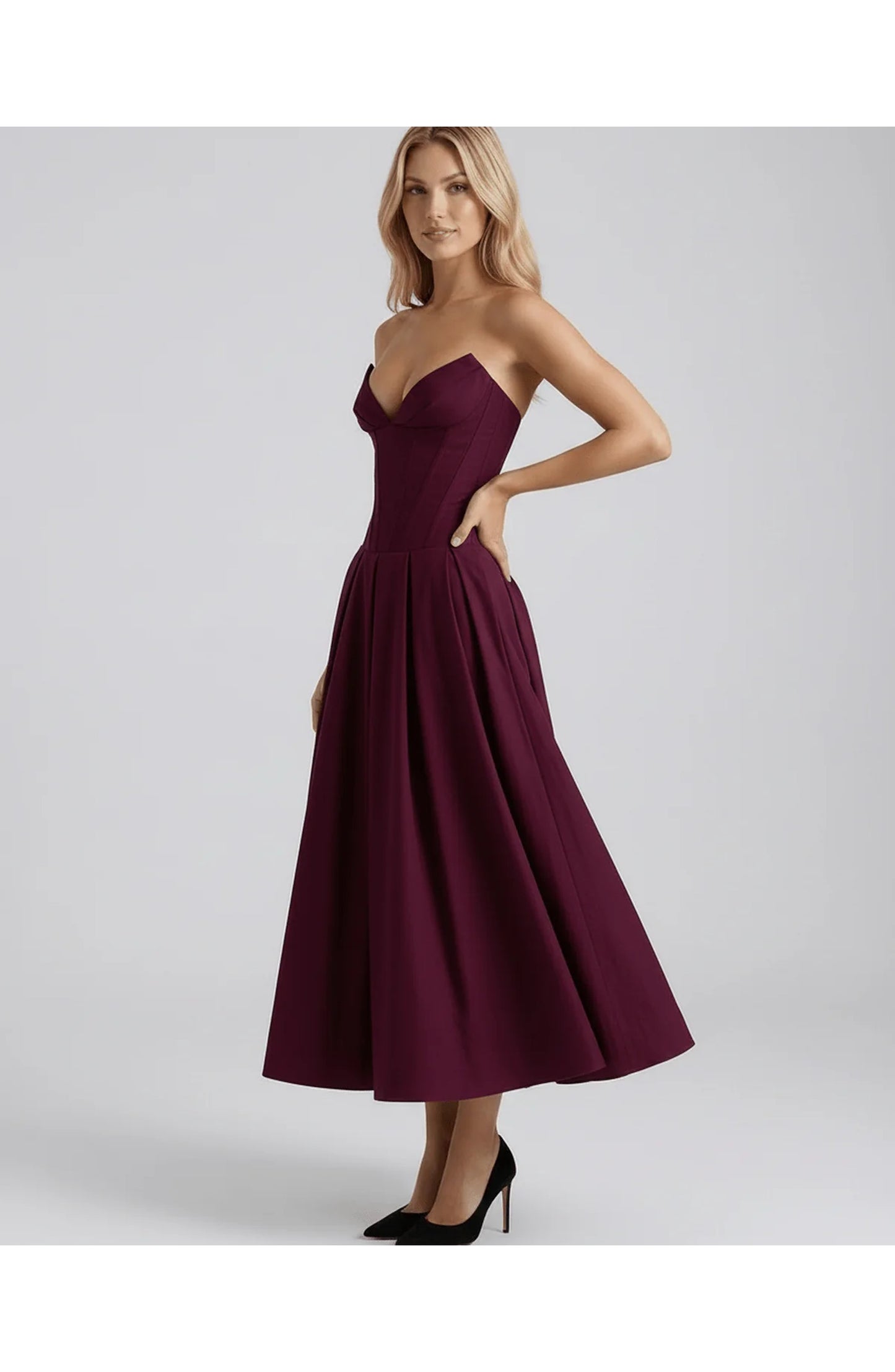Oriane Women's Midi Dress | Strapless Sweetheart Neckline | Flared Pleated Skirt