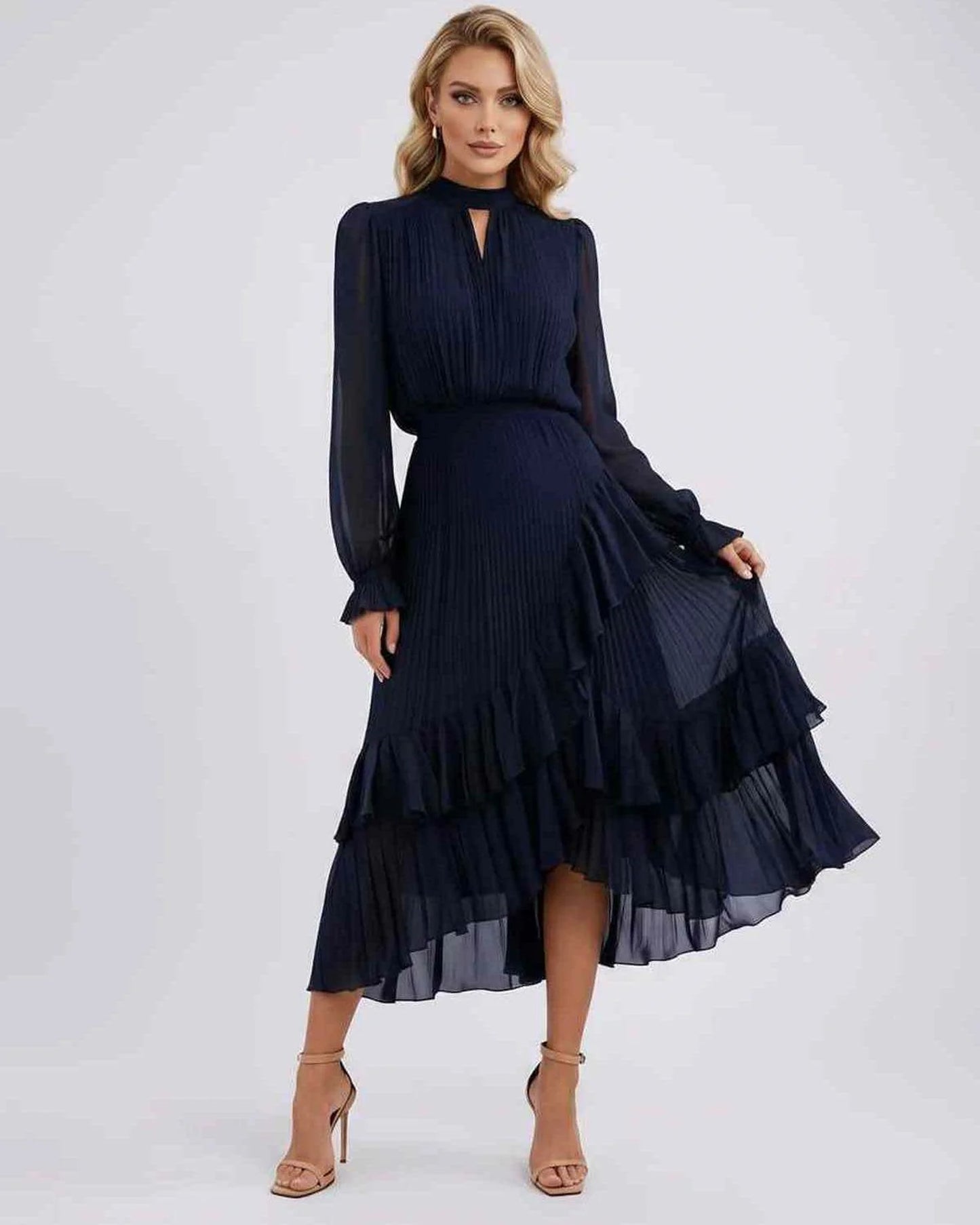 Mannette Women's Maxi Dress | Pleated Ruffles | Keyhole Neckline