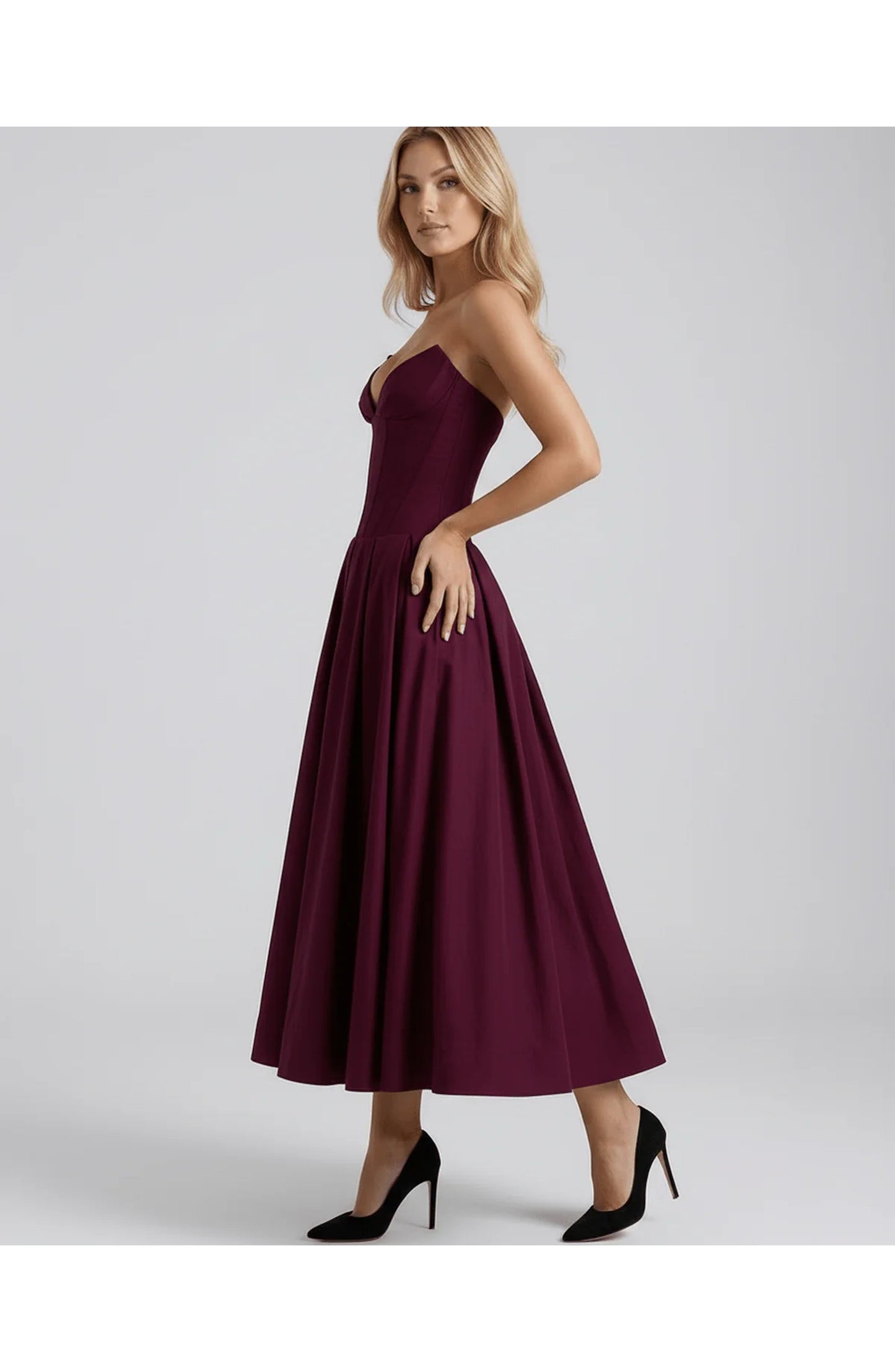Oriane Women's Midi Dress | Strapless Sweetheart Neckline | Flared Pleated Skirt