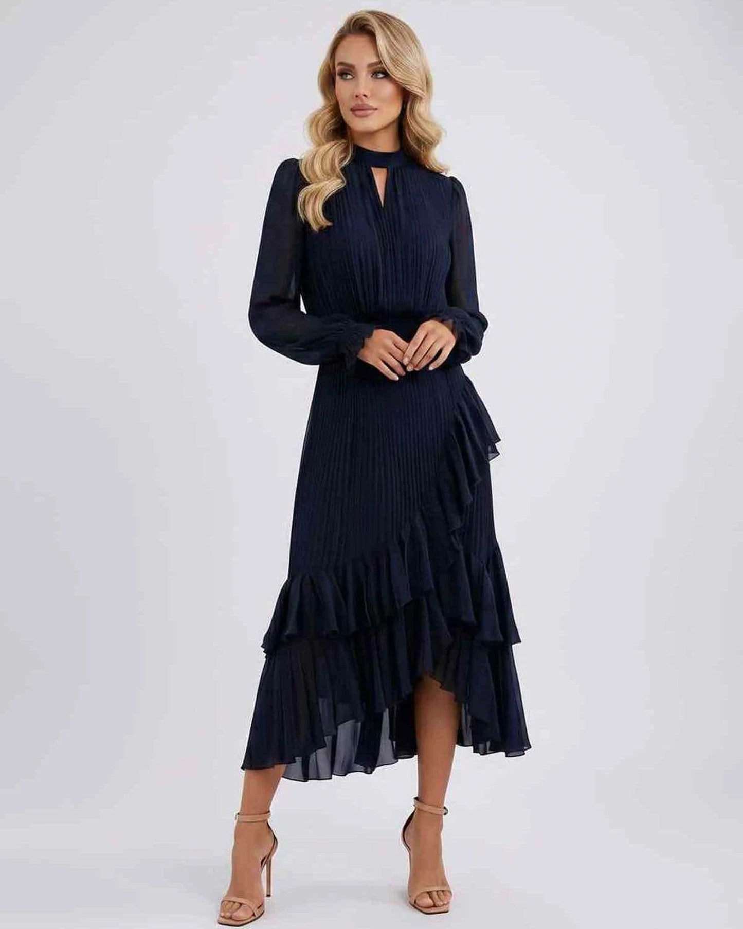 Mannette Women's Maxi Dress | Pleated Ruffles | Keyhole Neckline