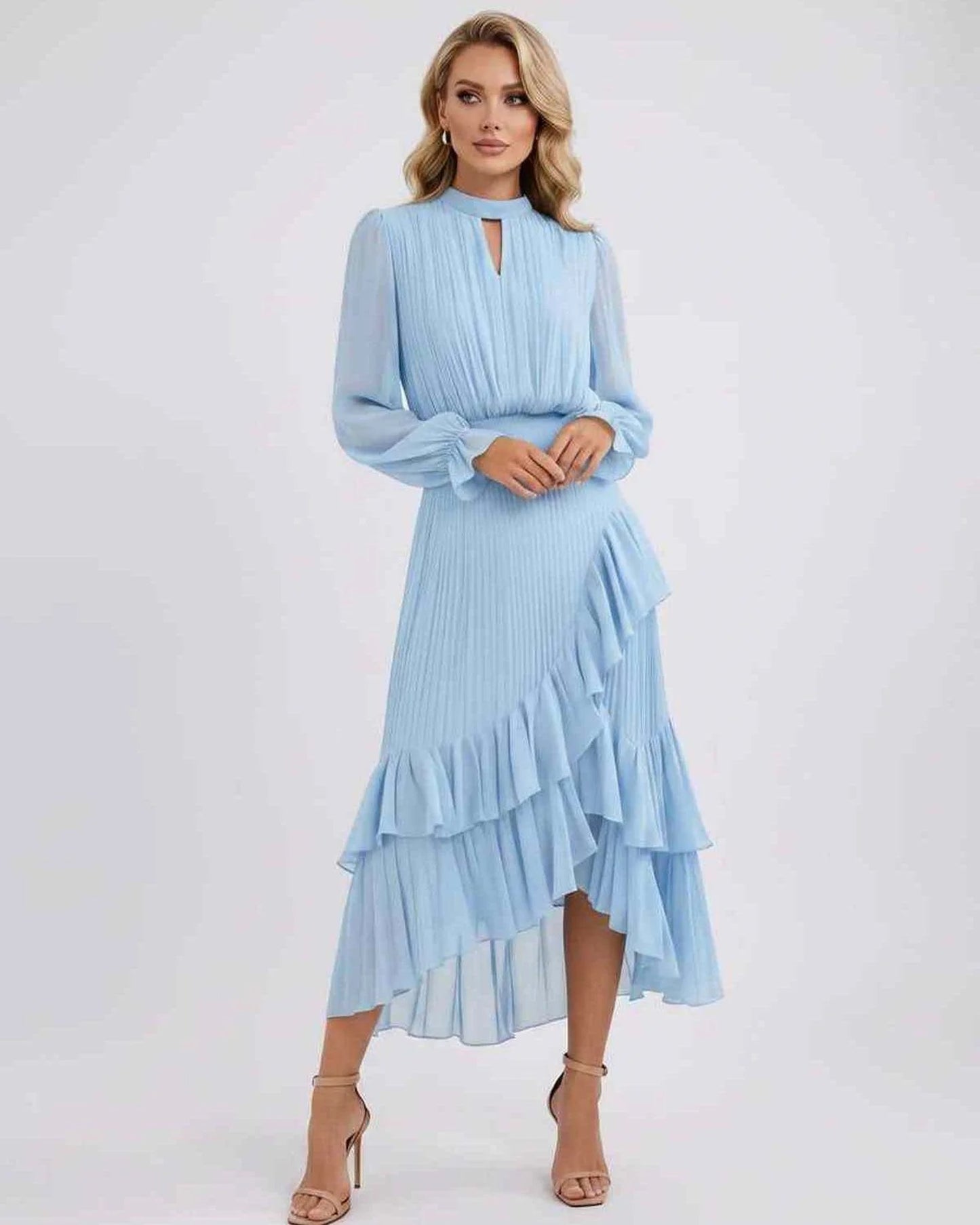 Mannette Women's Maxi Dress | Pleated Ruffles | Keyhole Neckline