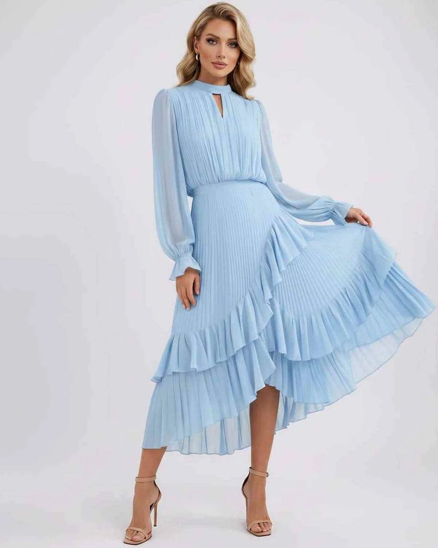 Mannette Women's Maxi Dress | Pleated Ruffles | Keyhole Neckline