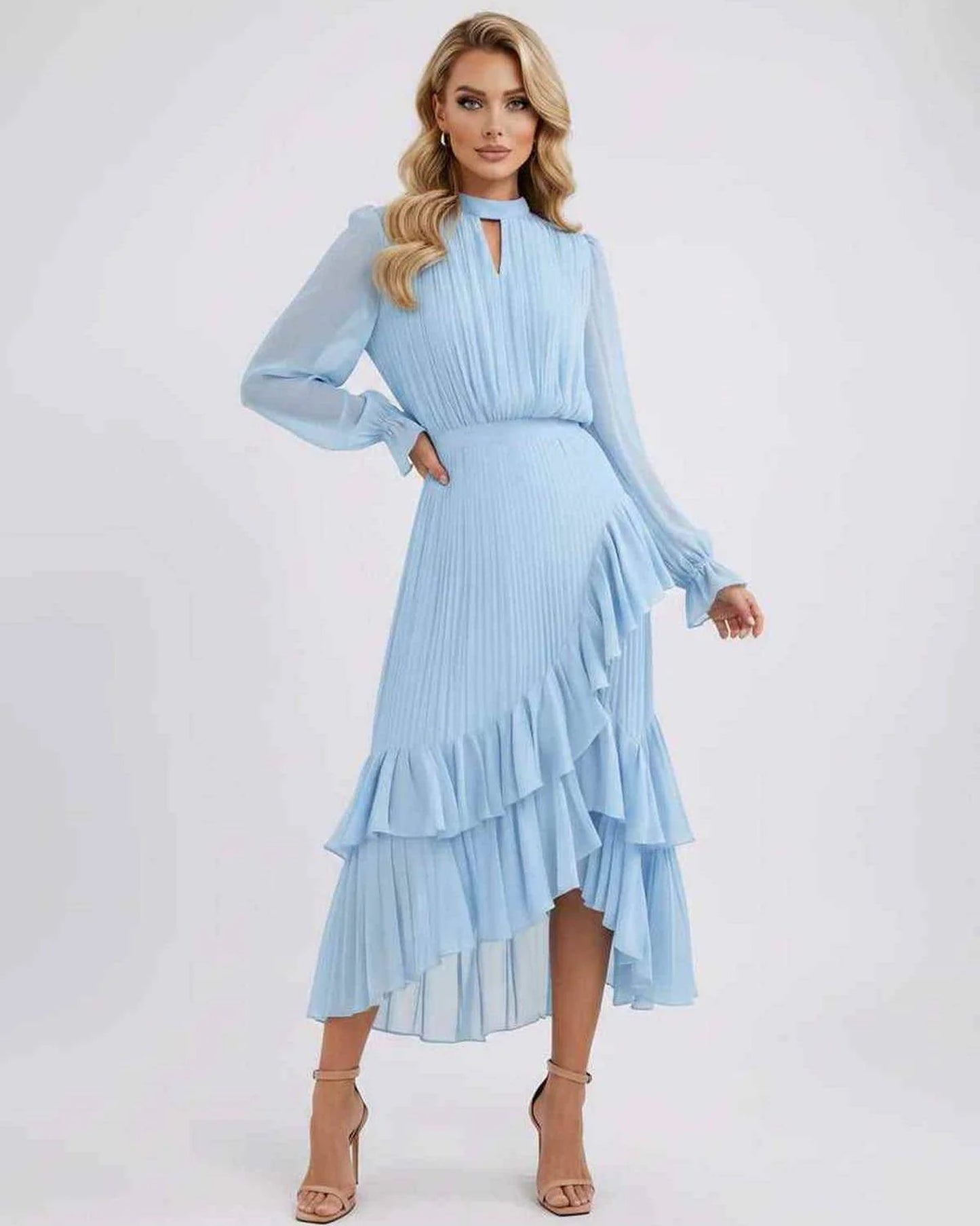 Mannette Women's Maxi Dress | Pleated Ruffles | Keyhole Neckline