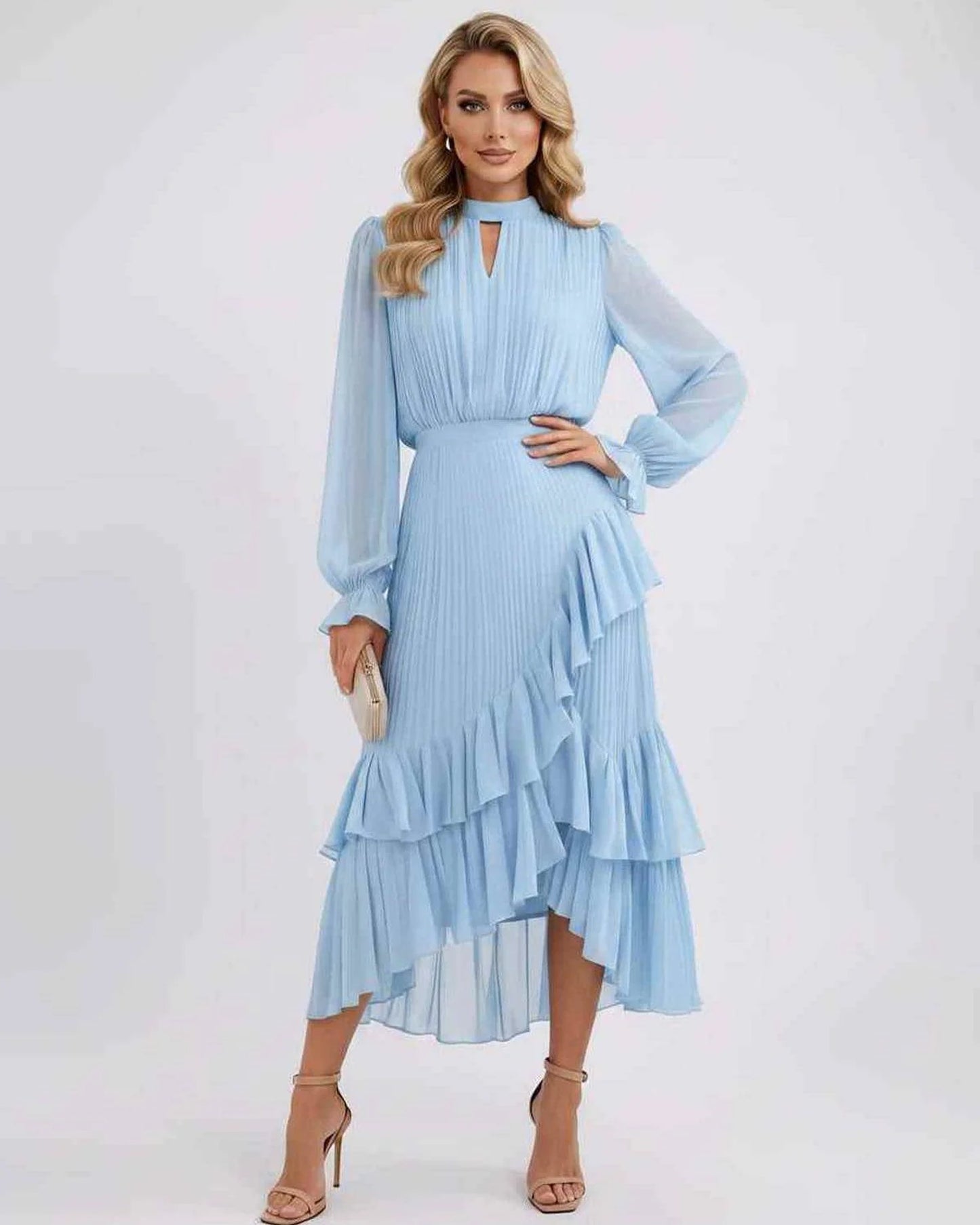 Mannette Women's Maxi Dress | Pleated Ruffles | Keyhole Neckline