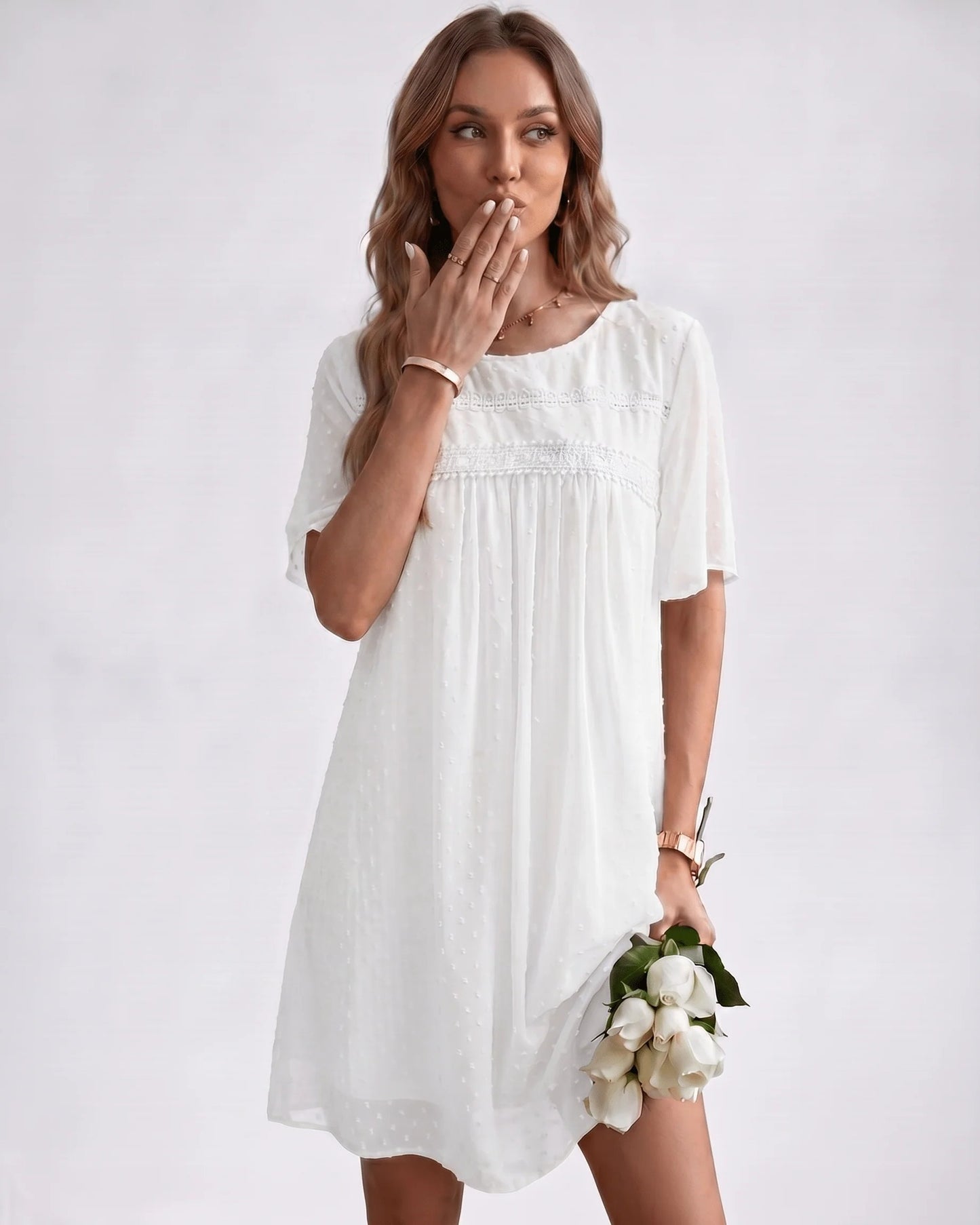 Victoire Ladies Mini Dress | Embroidered Details | Pleated Bodice