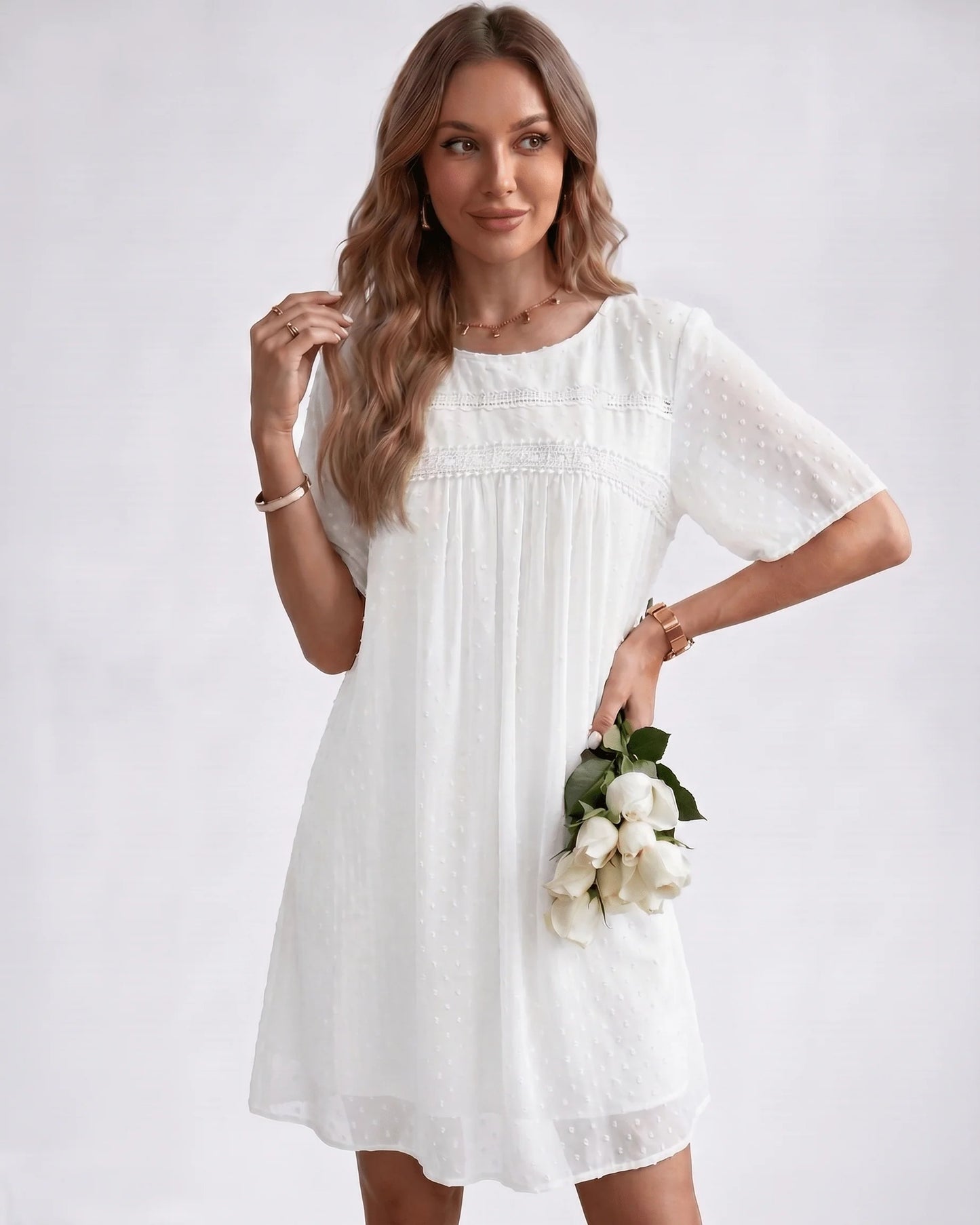 Victoire Ladies Mini Dress | Embroidered Details | Pleated Bodice