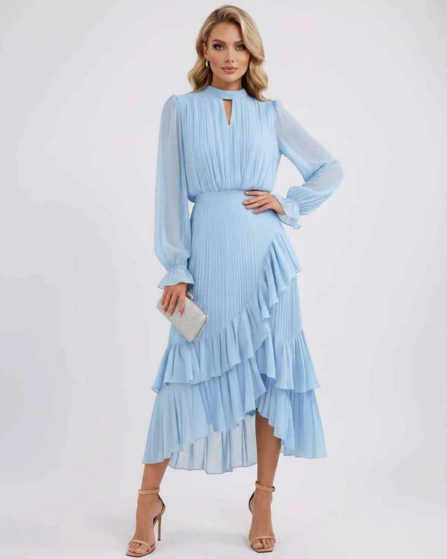 Mannette Women's Maxi Dress | Pleated Ruffles | Keyhole Neckline