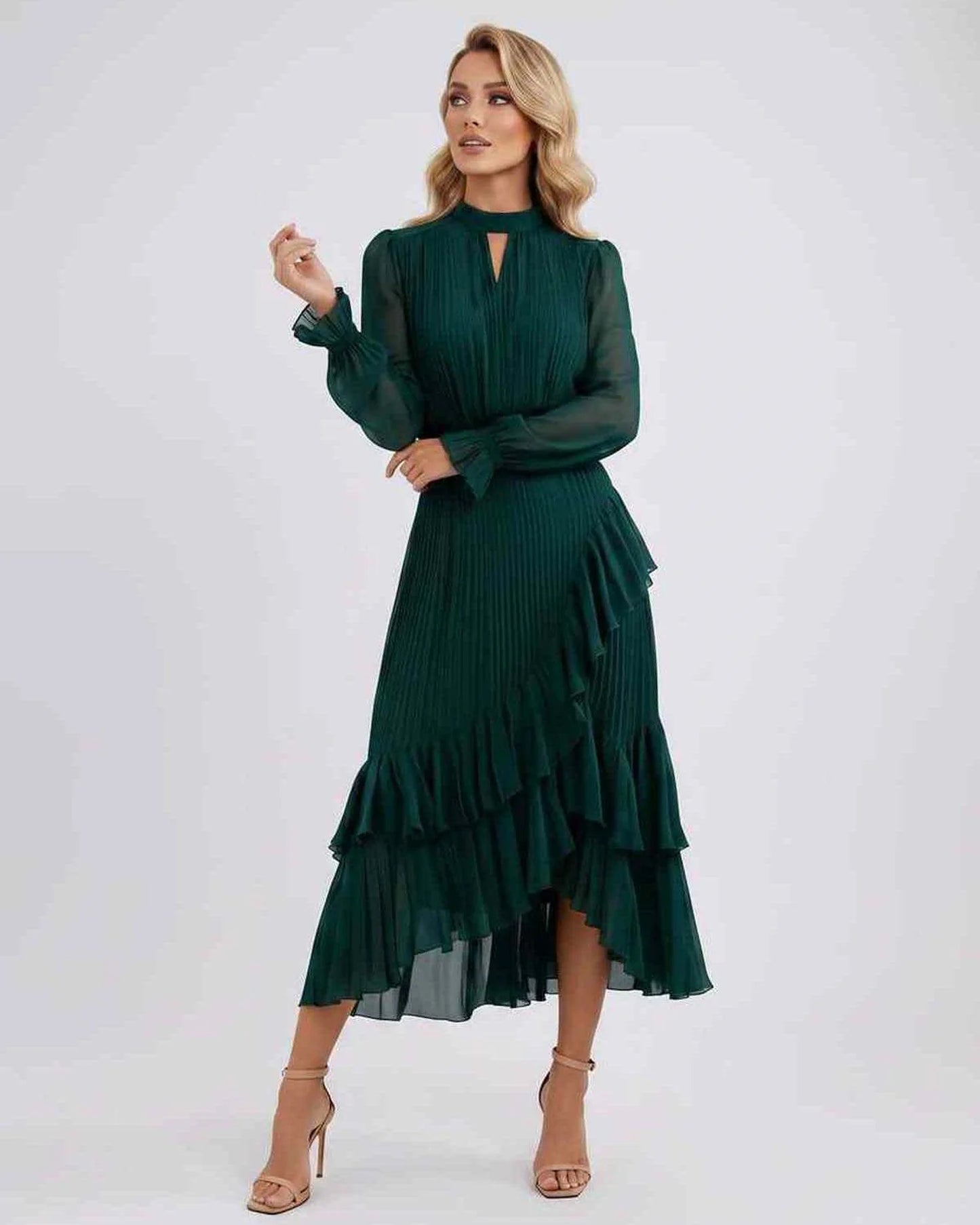 Mannette Women's Maxi Dress | Pleated Ruffles | Keyhole Neckline