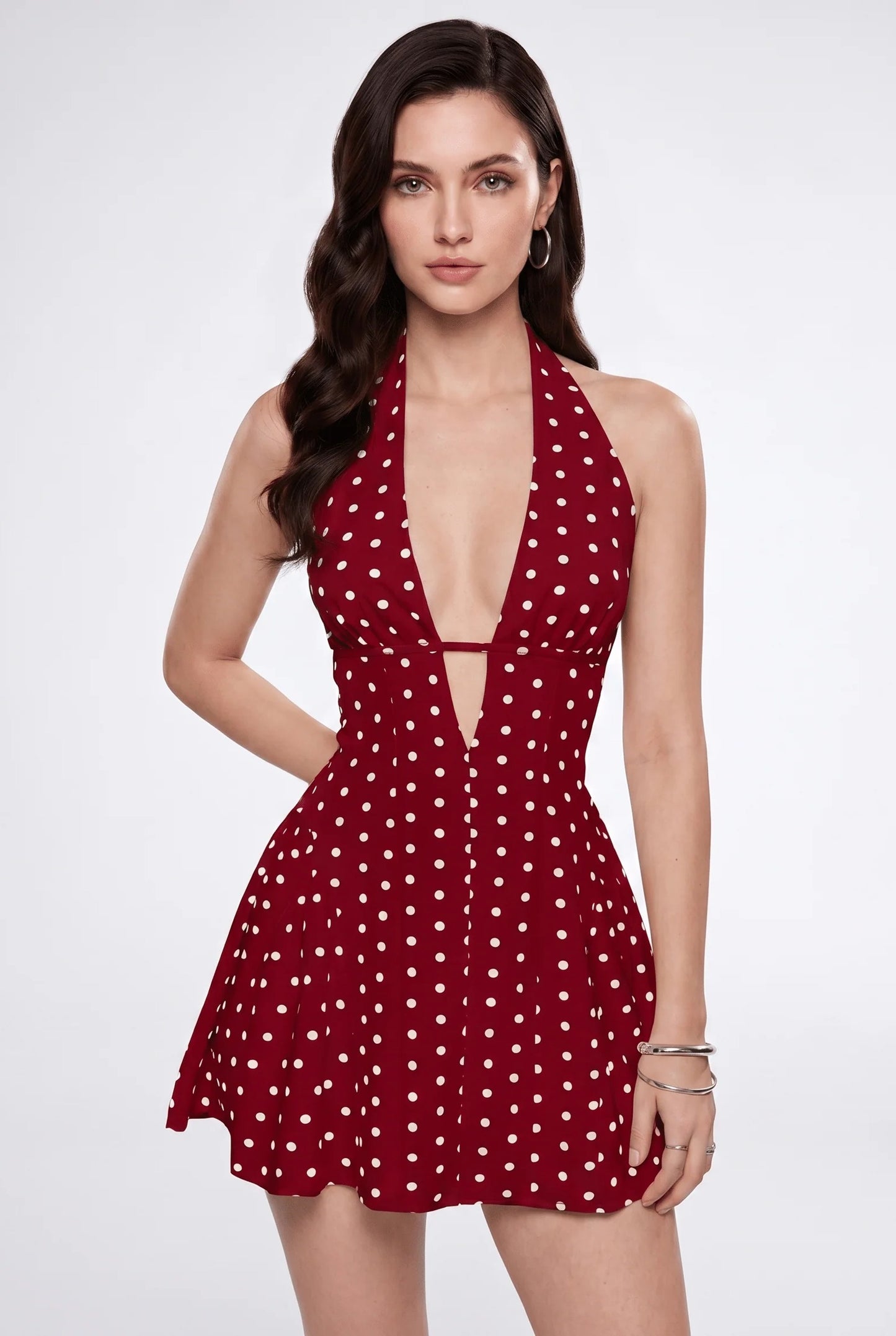 Eudoxie Dames Mini Jurk | Diepe Halter V-Hals | Polkadot Print