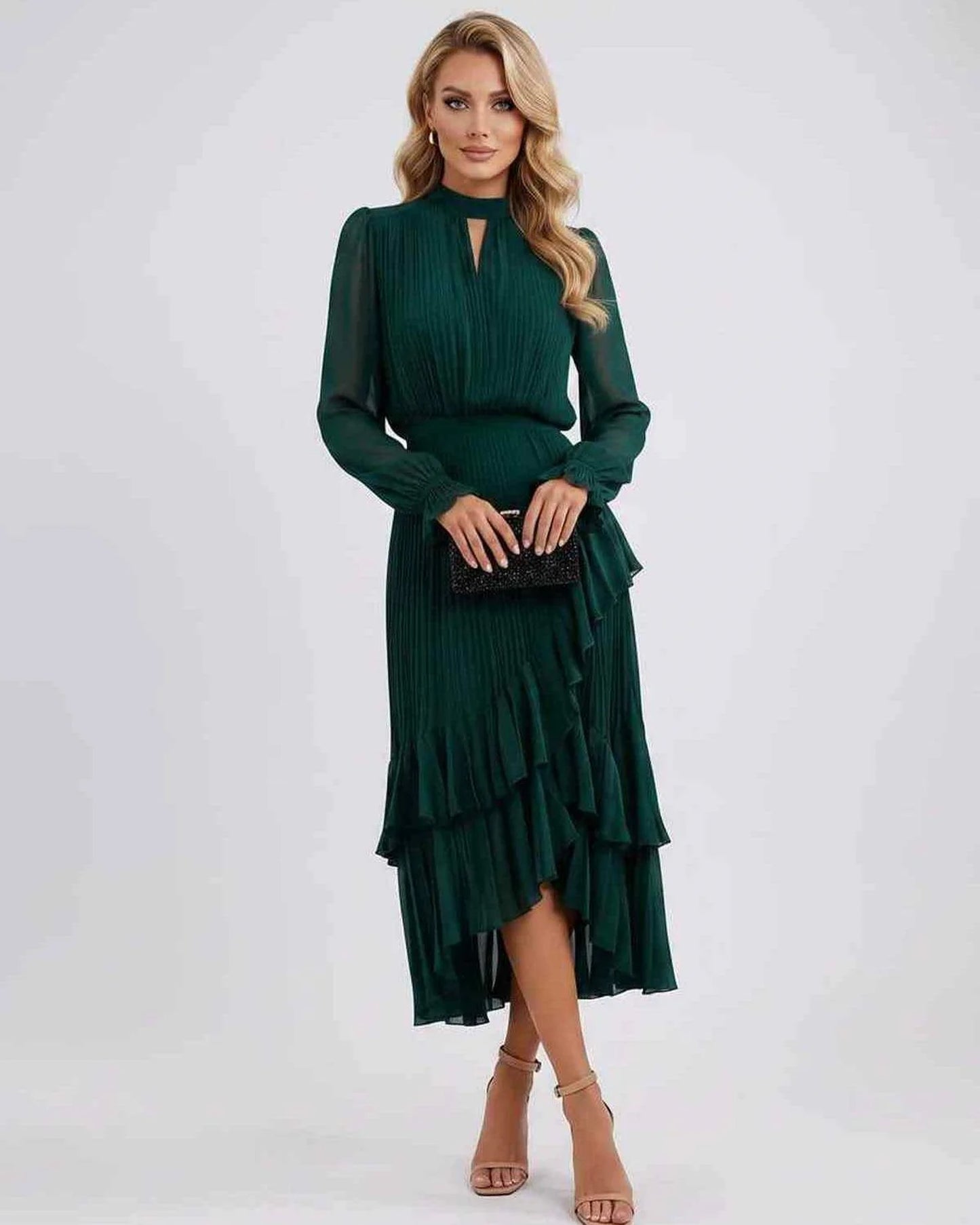 Mannette Women's Maxi Dress | Pleated Ruffles | Keyhole Neckline