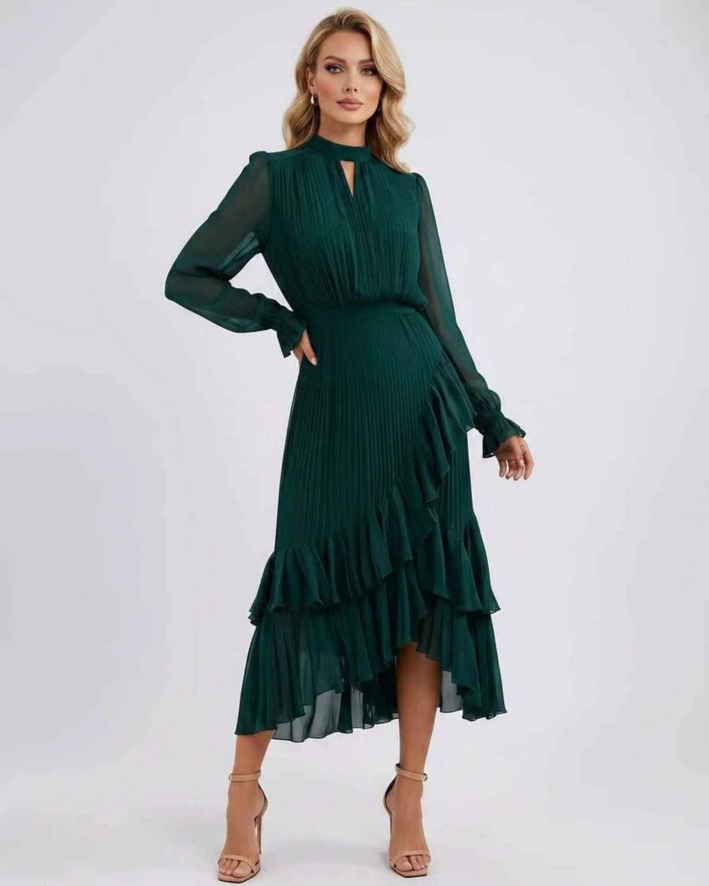 Mannette Women's Maxi Dress | Pleated Ruffles | Keyhole Neckline