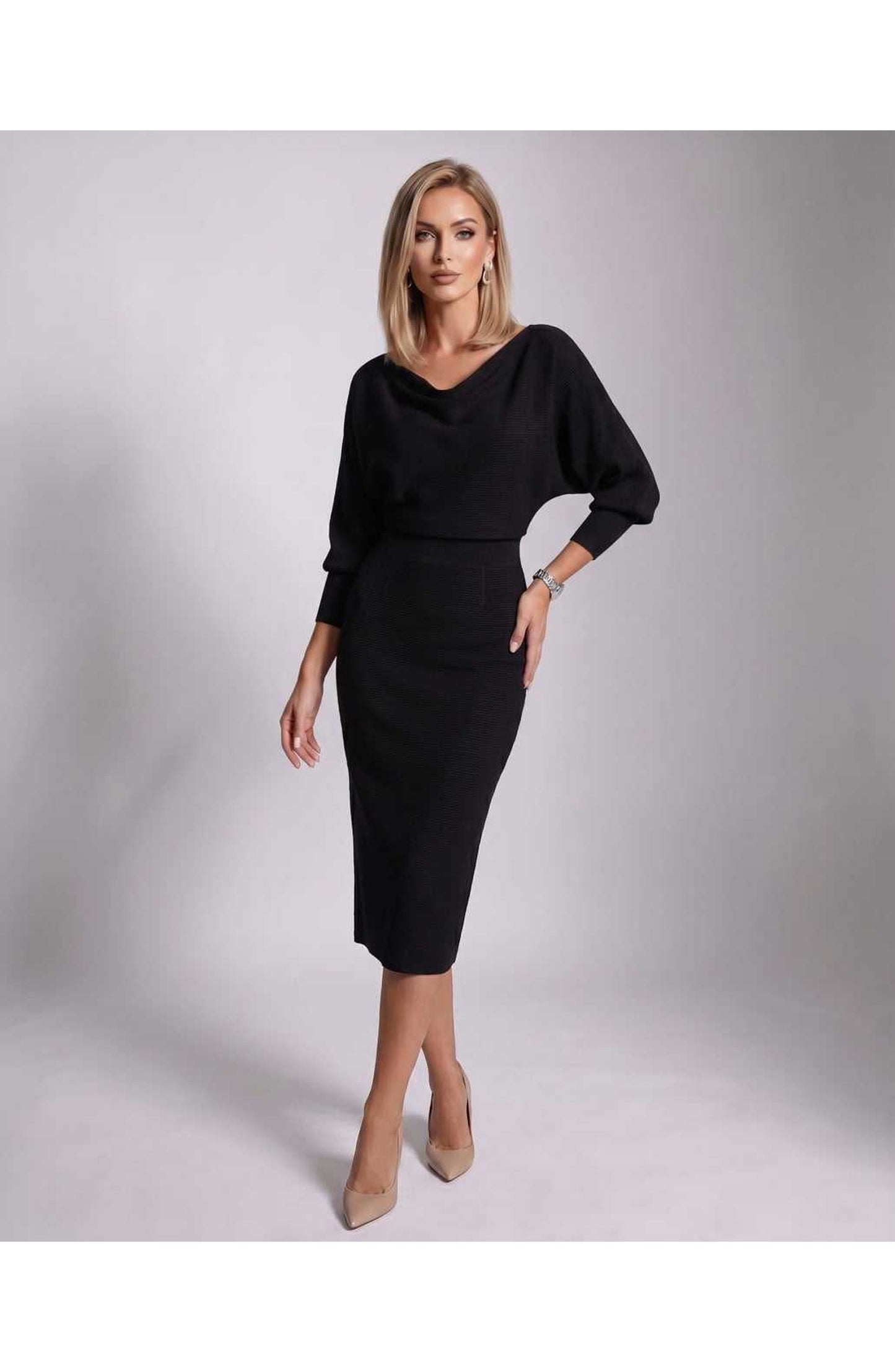 Brigitte Women's Midi Dress | Waterfall Neckline | Balloon Sleeves