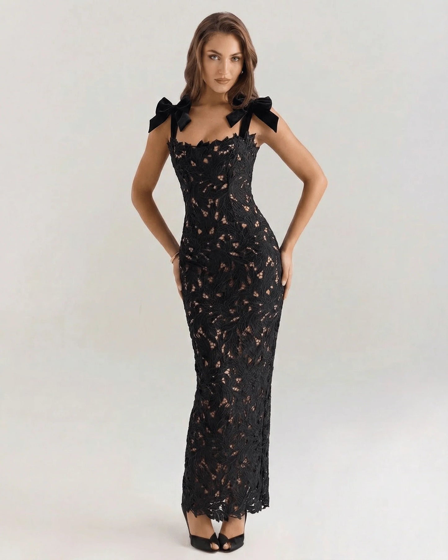Maxime Dames Maxi Jurk | Kanten Overlay | Strikken Op Schouders