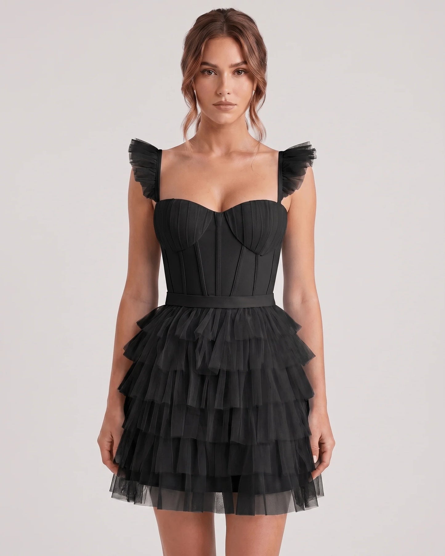 Annick Women's Mini Dress | Layered Tulle Skirt | Stitched Bustier Bodice