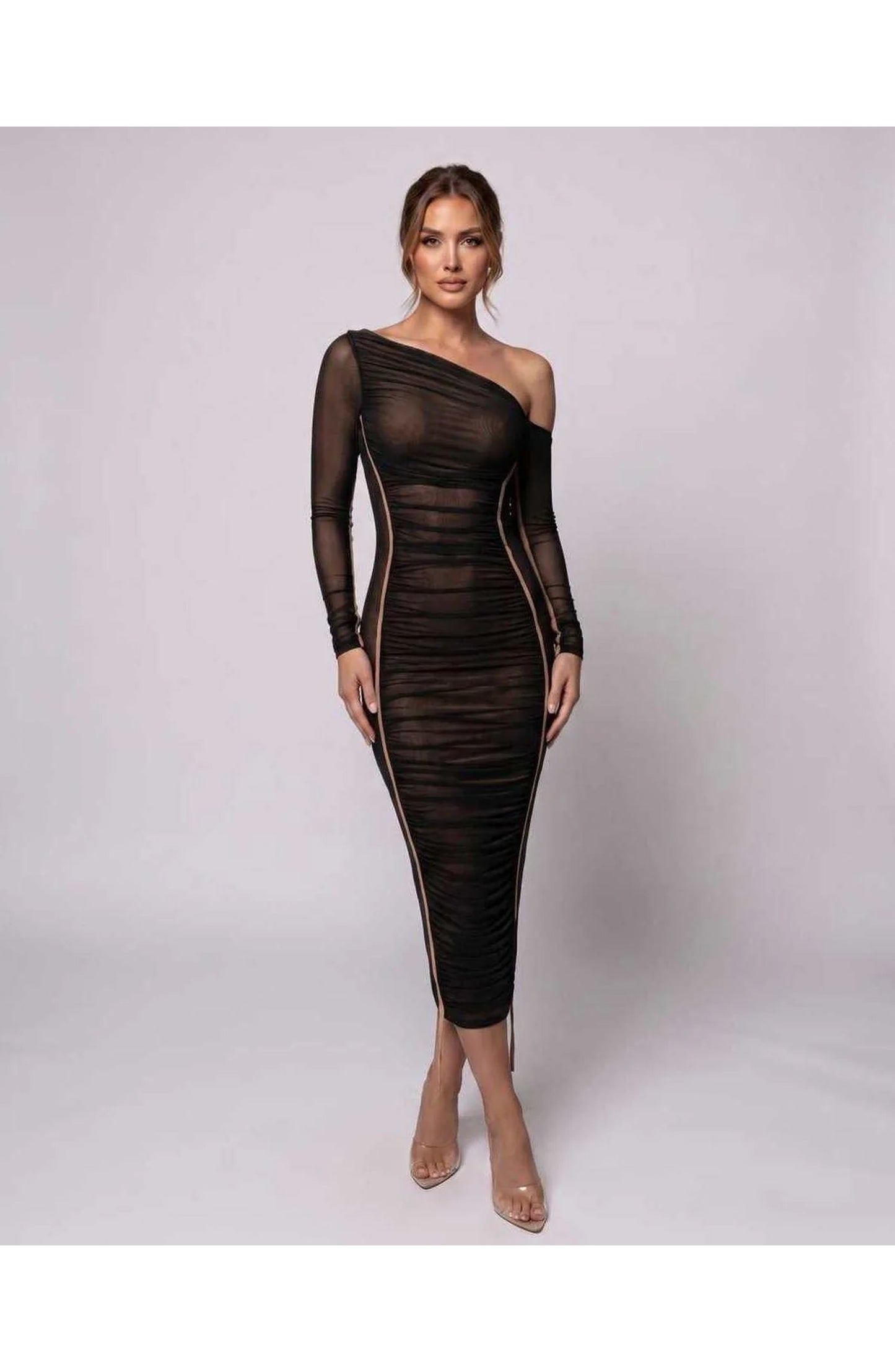 Léonie Women's Midi Dress | Asymmetric Shoulder | Textured Fabric