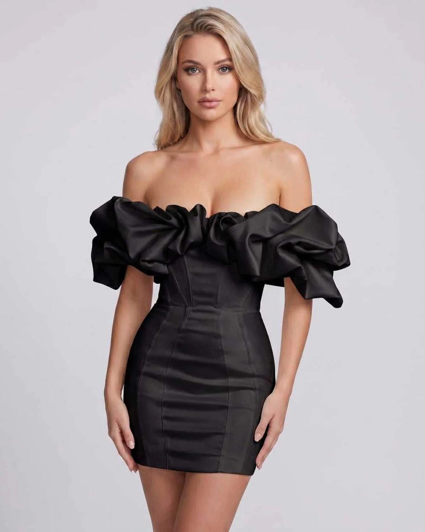 Lyse Dames Mini Jurk | Off-Shoulder Pofmouwen | Strakke Bodycon Pasvorm