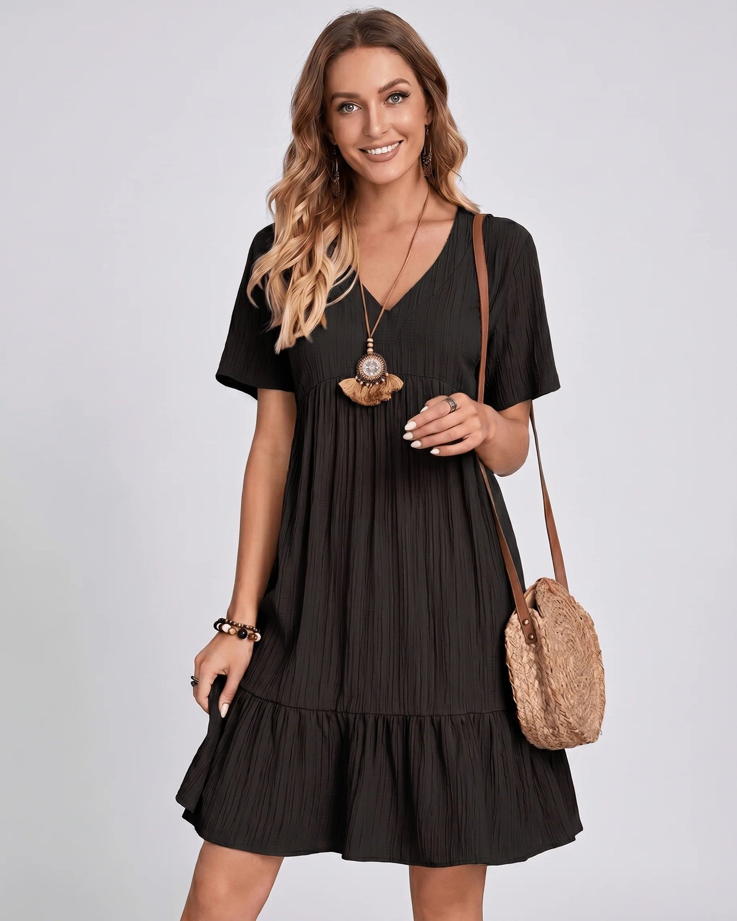 Toinette Dames Mini Jurk | V-Hals | Geribde Structuur