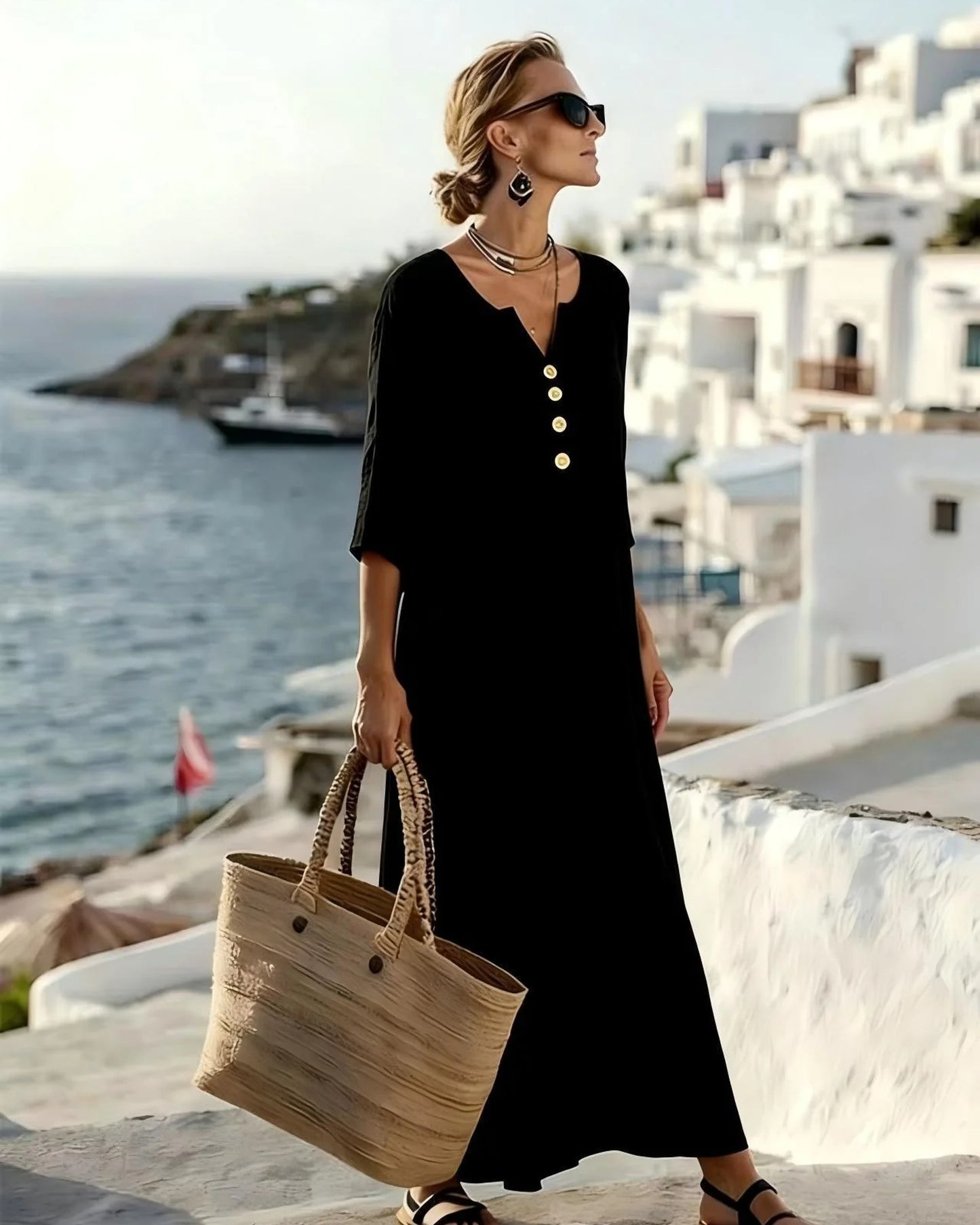 Priscille Dames Midi Jurk | V-Hals met Knopen | Driekwart Mouwen